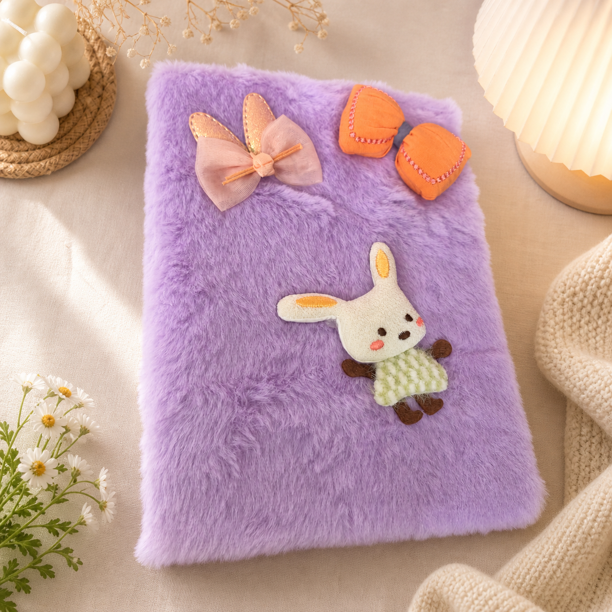 Cute Plush Bunny Bow Furry Diary for Kids – Purple (85 Pages)