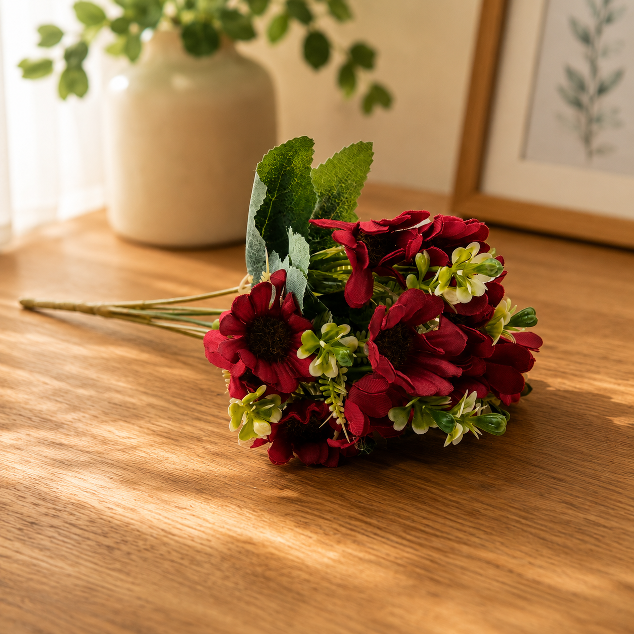 Artificial Pack of 2 Daisy Flower Bunch for Home Décor-Red