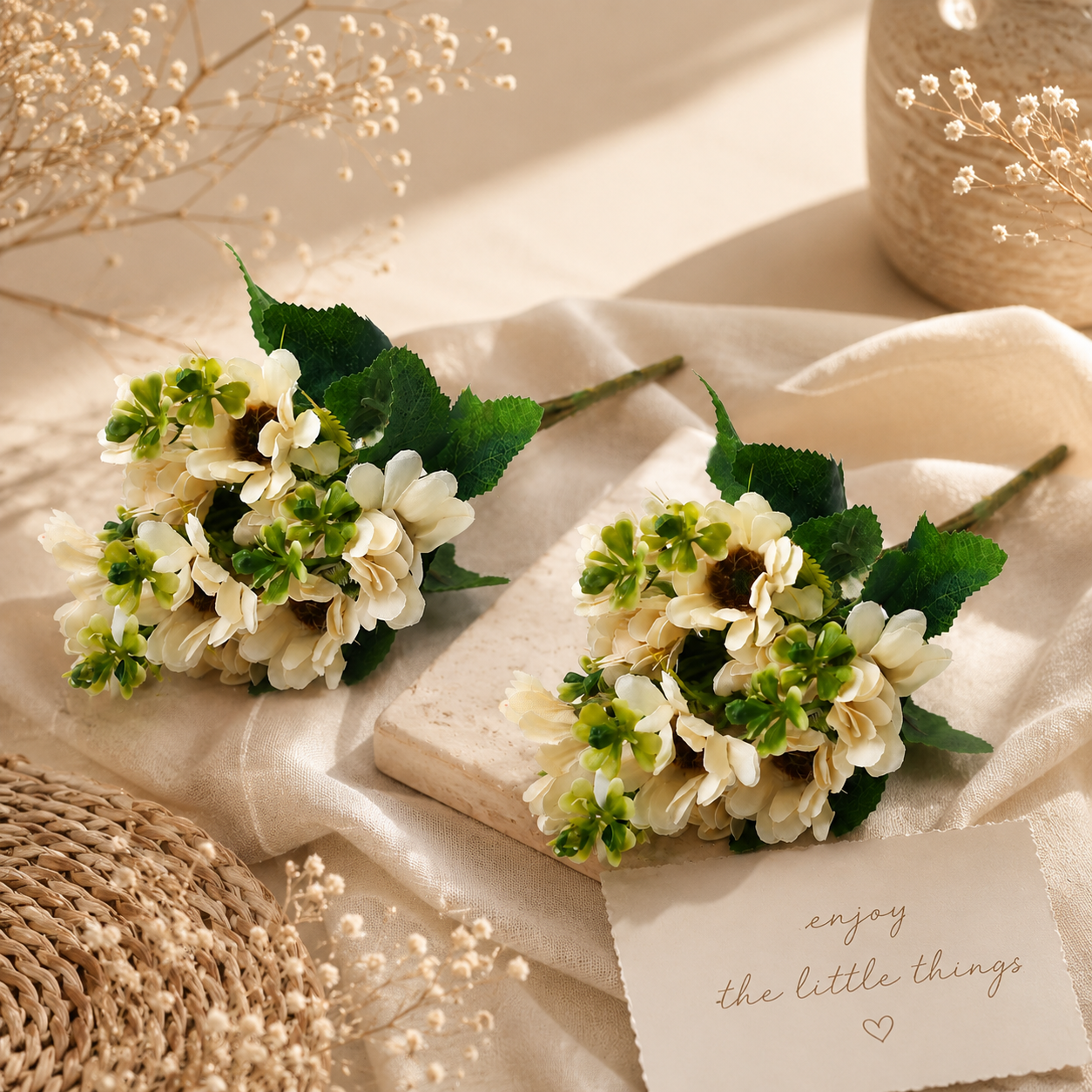 Artificial Pack of 2 Daisy Flower Bunch for Home Décor-White