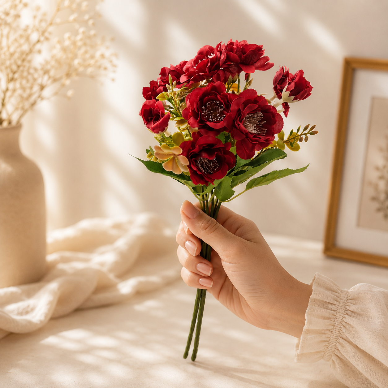 Artificial Red Flower Bunch Pack of 2 for Home Décor