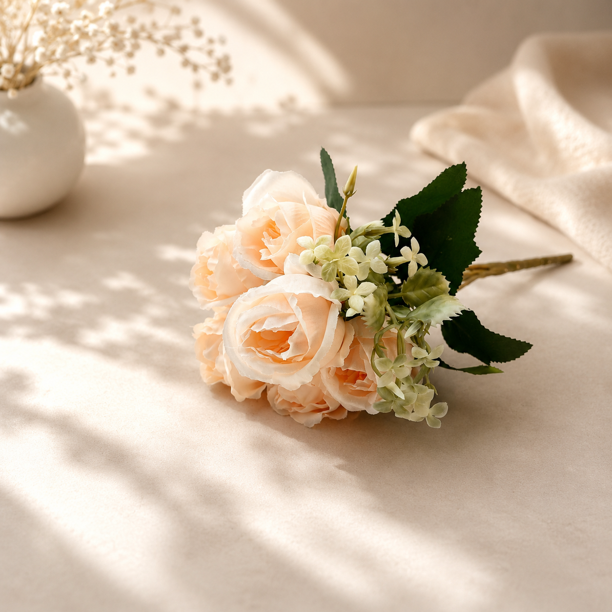 Artificial Small Rose Flower Bunch for Home Décor – Soft Beige