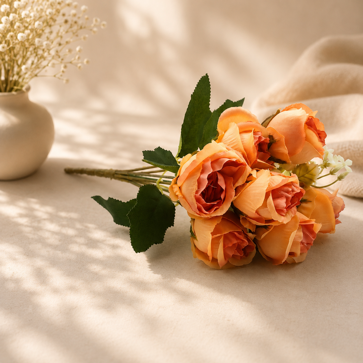 Artificial Small Rose Flower Bunch for Home Décor – Light Orange