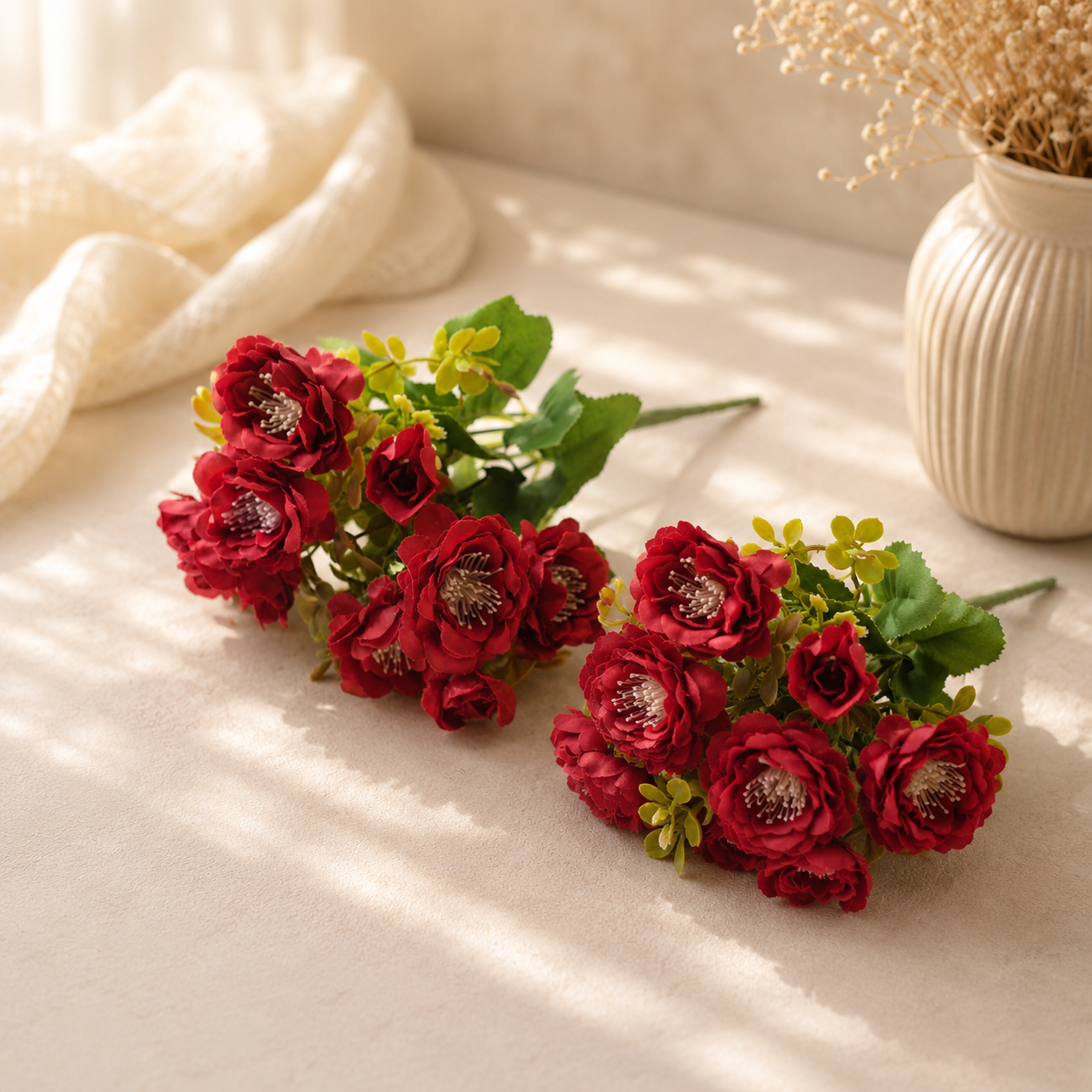 Artificial Red Flower Bunch Pack of 2 for Home Décor
