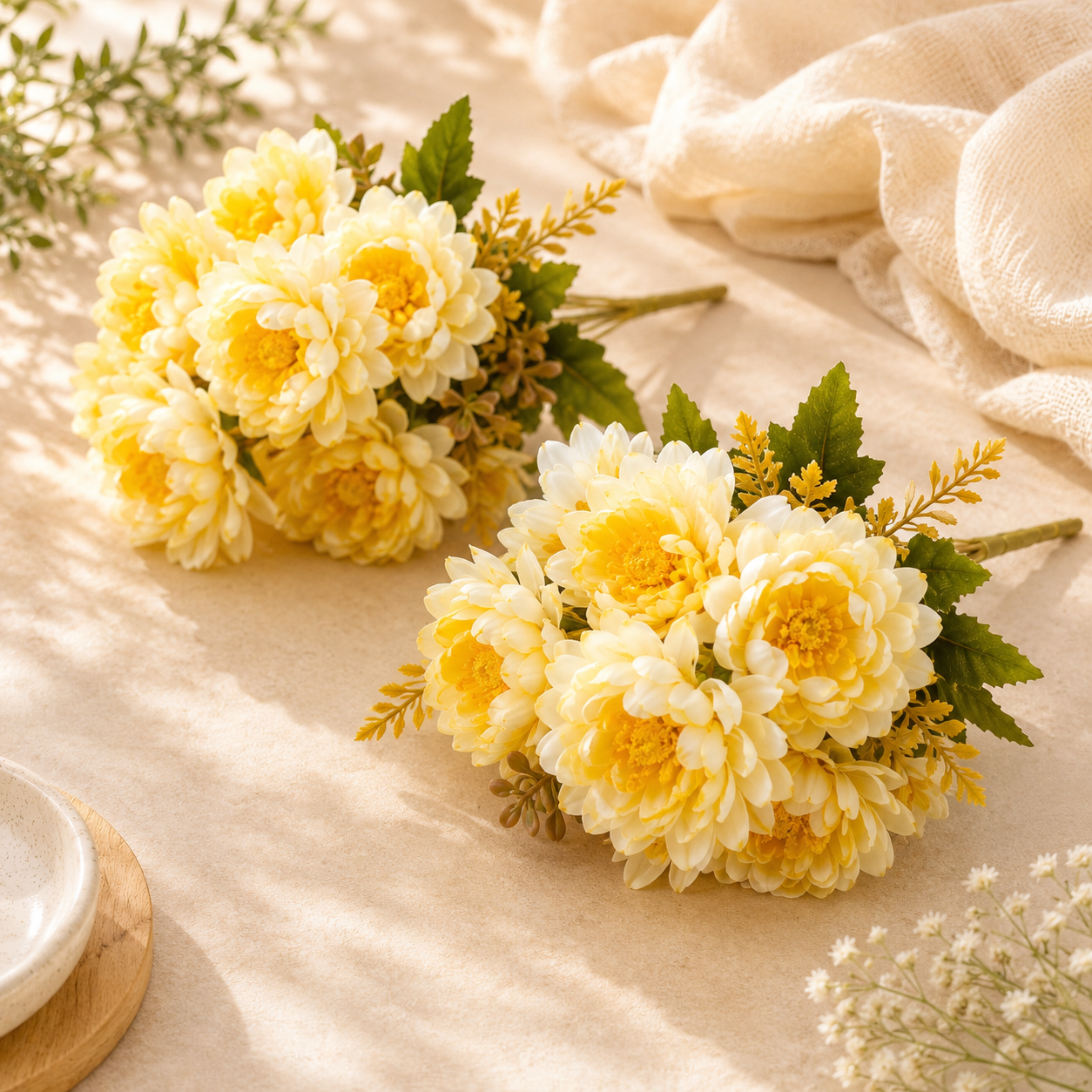 Artificial Small Pack of 2 Peony Flower Bunch for Home Décor – Light Yellow