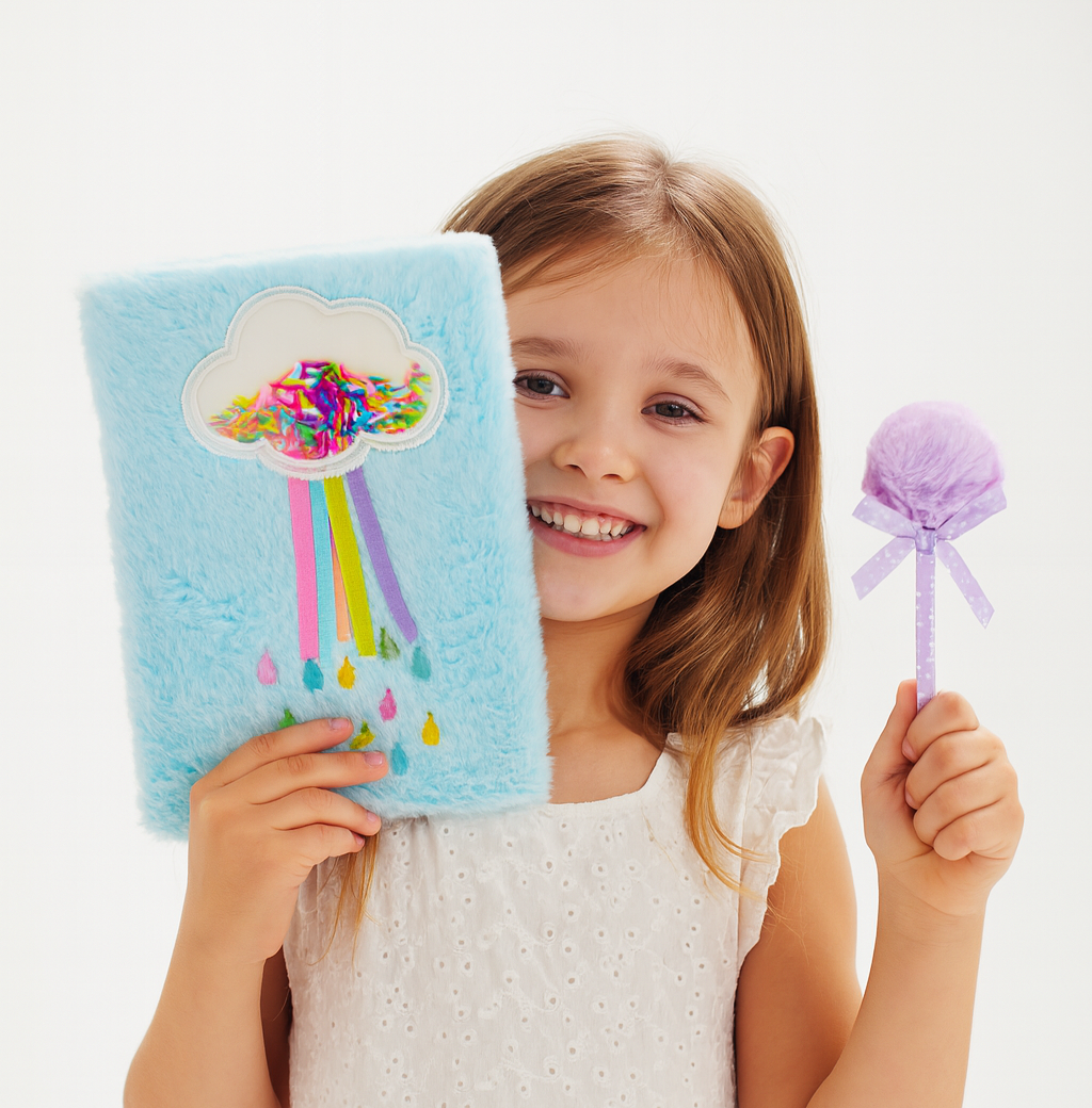 Cute Rainbow Cloud Plush Diary with Pen Set – Sky Blue