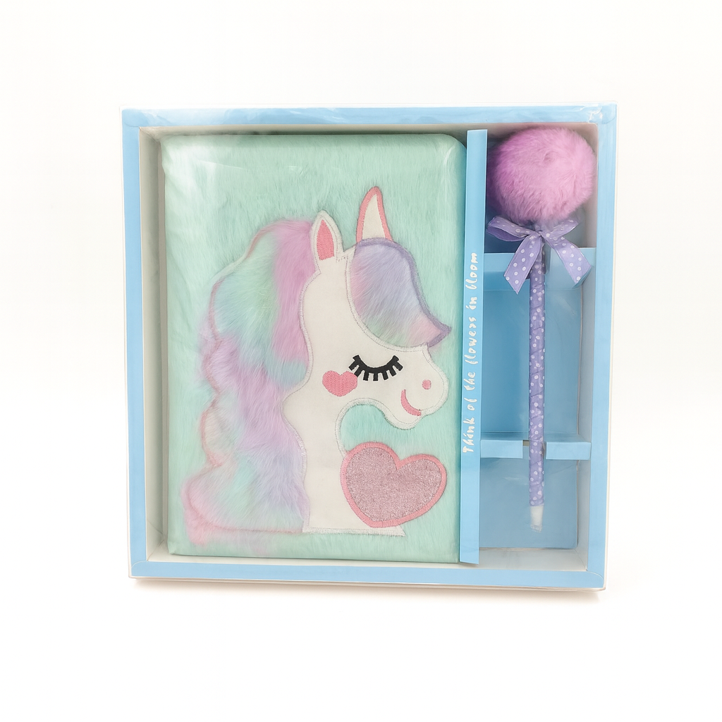 Cute Unicorn Plush Diary with Pen – Gift Set for Kids (Blue)