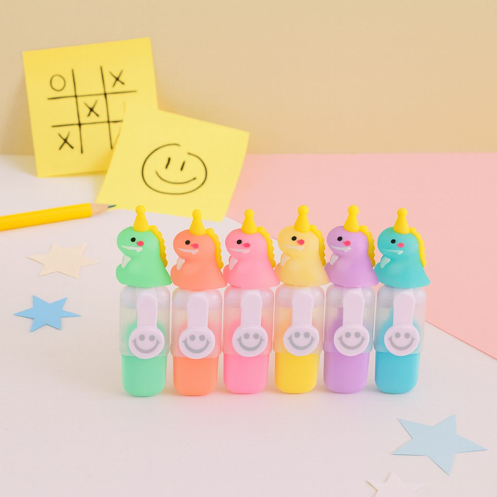 Cute Dinosaur Highlighter Set – 6 Pcs Pastel Highlighters for Kids, School & Journaling