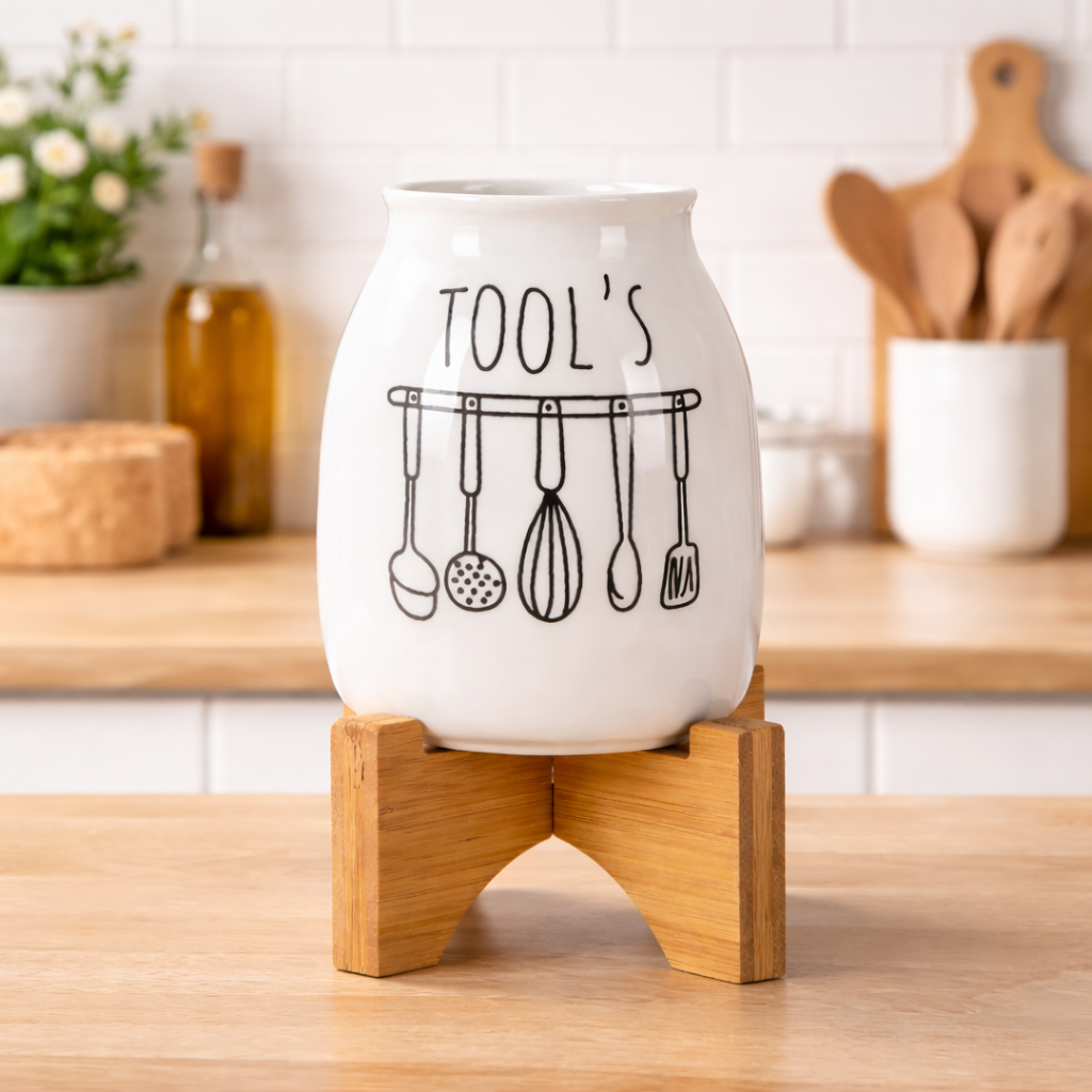 Premium Ceramic Tool Utensil Holder with Wooden Stand – Decorative Countertop Organizer