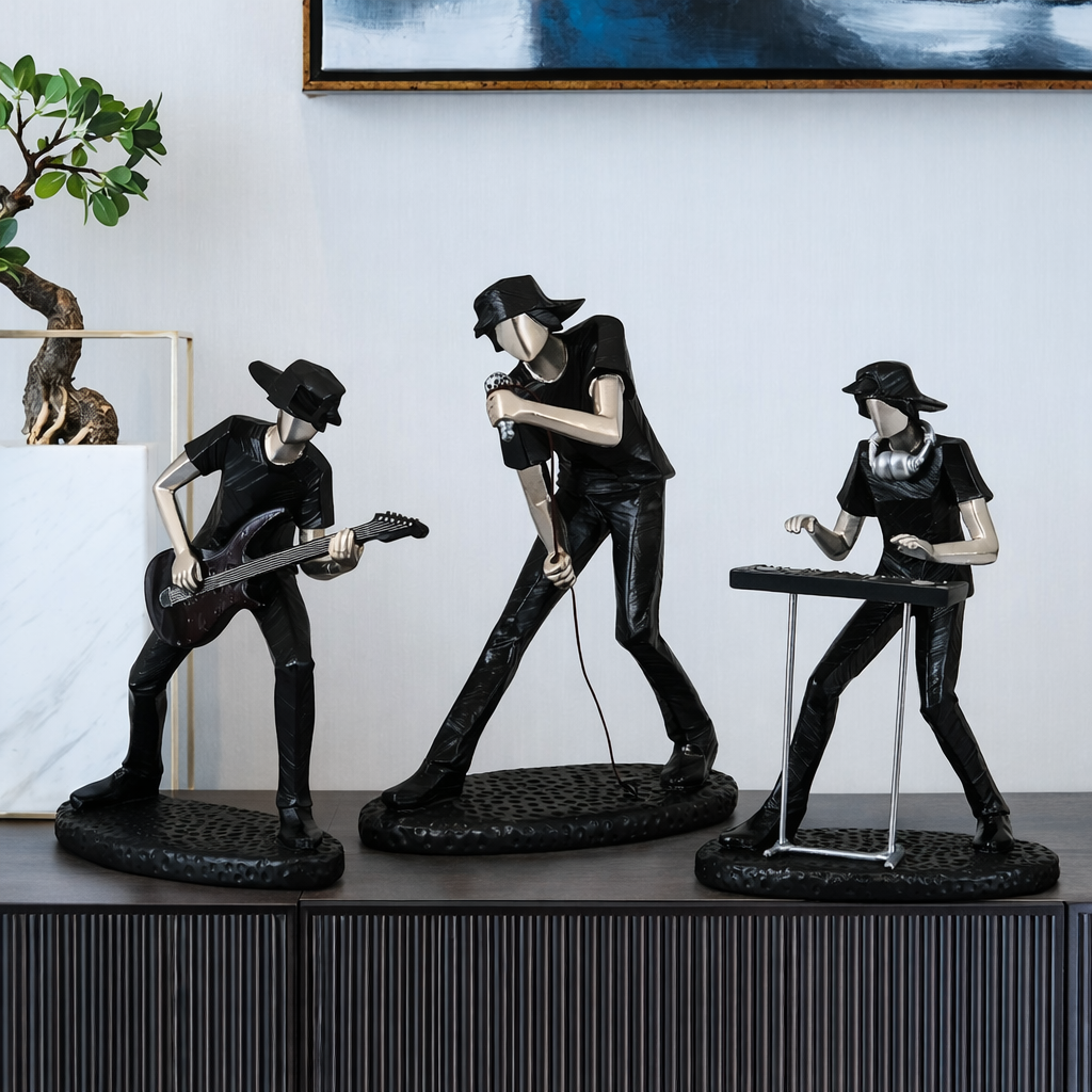 Modern Music Band Figurine Set of 3 – Metallic Guitarist, Singer & Keyboard Player Decorative Showpieces for Living Room, Office & Studio Décor