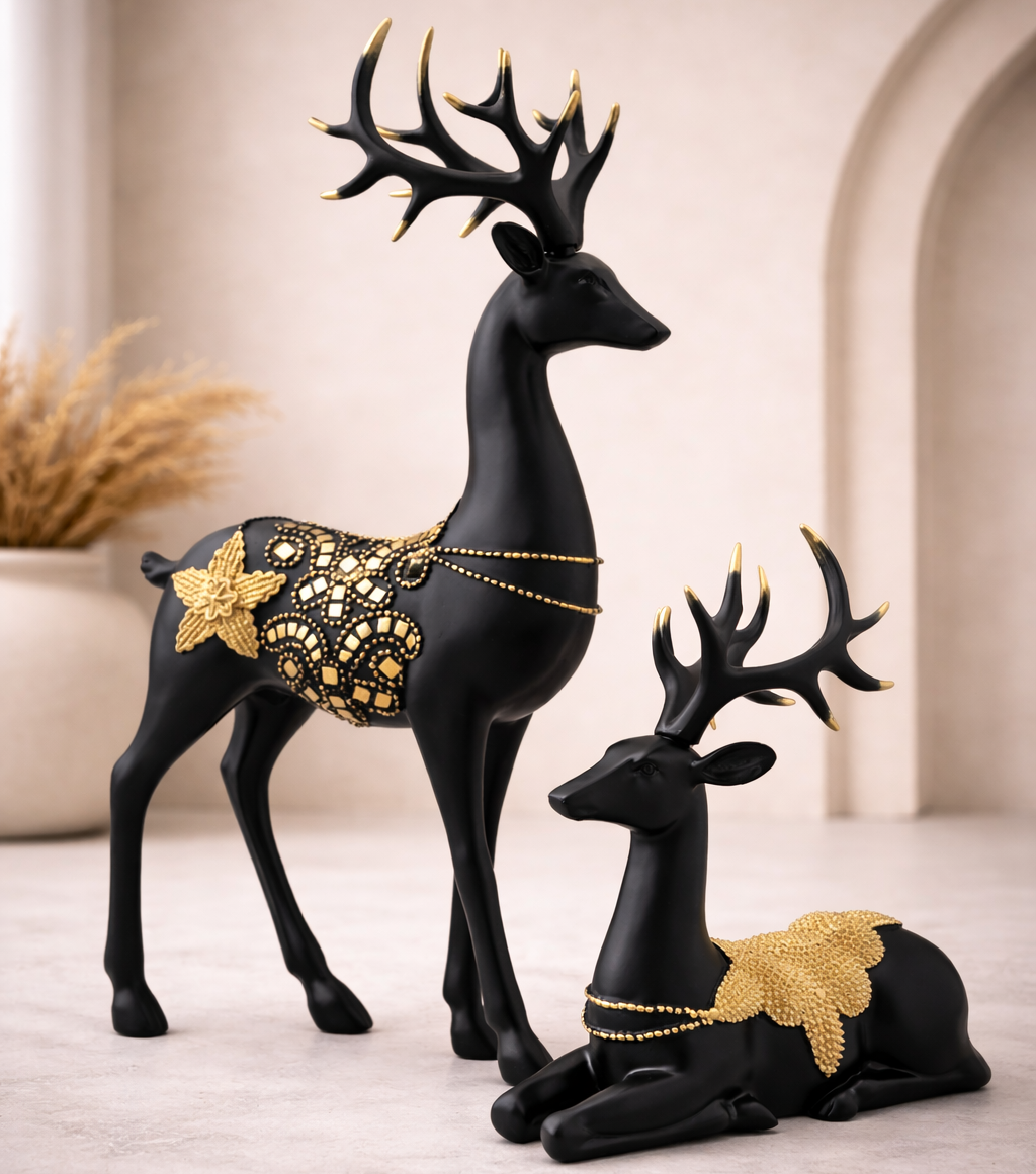 Black & Gold Deer Showpiece Set of 2 – Matte Black Polyresin Decorative Figurines