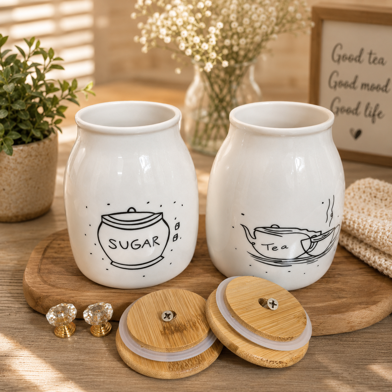 Premium Ceramic Sugar & Tea Airtight Jar Set with Wooden Tray – 2 Pcs Kitchen Storage Containers with Lids