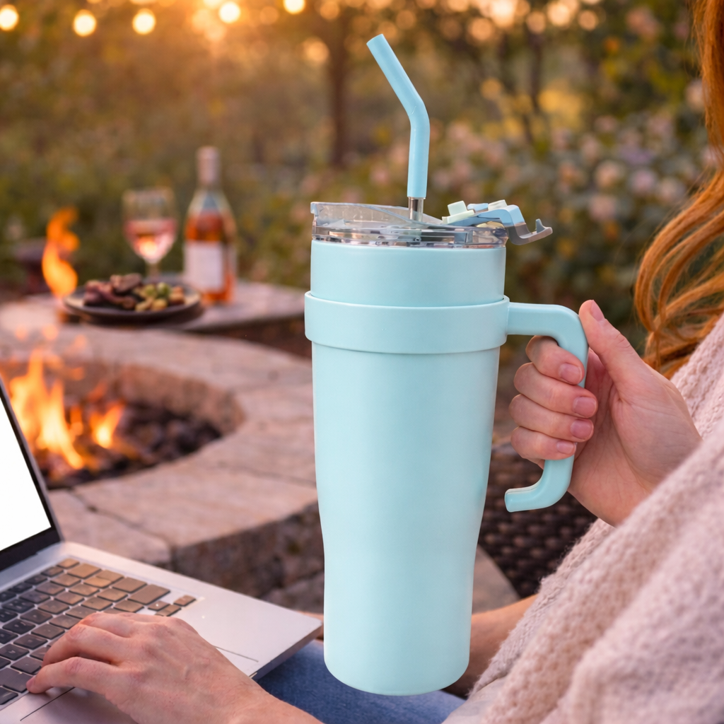 Bella N Bloom 1200ml Stainless Steel Insulated Tumbler with Handle & Straw Lid (Aqua Blue)