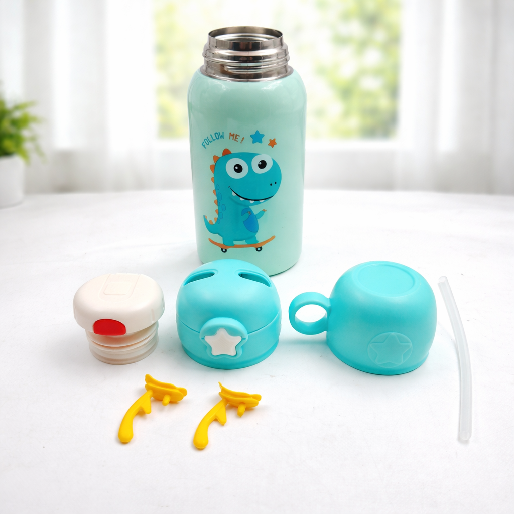 Kids Insulated(SS 304) Water Bottle with Straw Lid, Cute Bear Design, Leakproof, Strap & Carry Sleeve