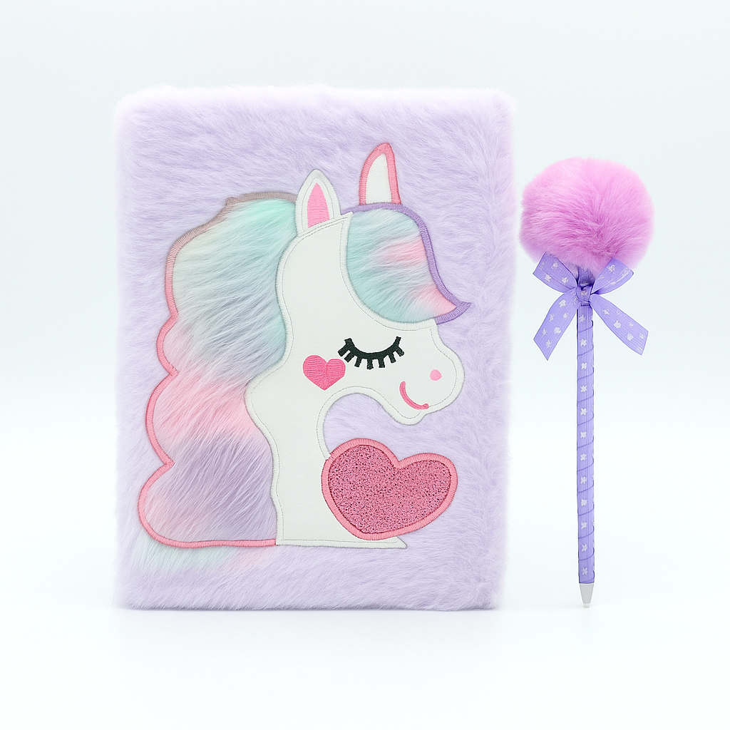 Unicorn Plush Diary with Fluffy Pen – Gift Set for Kids (Lavender)