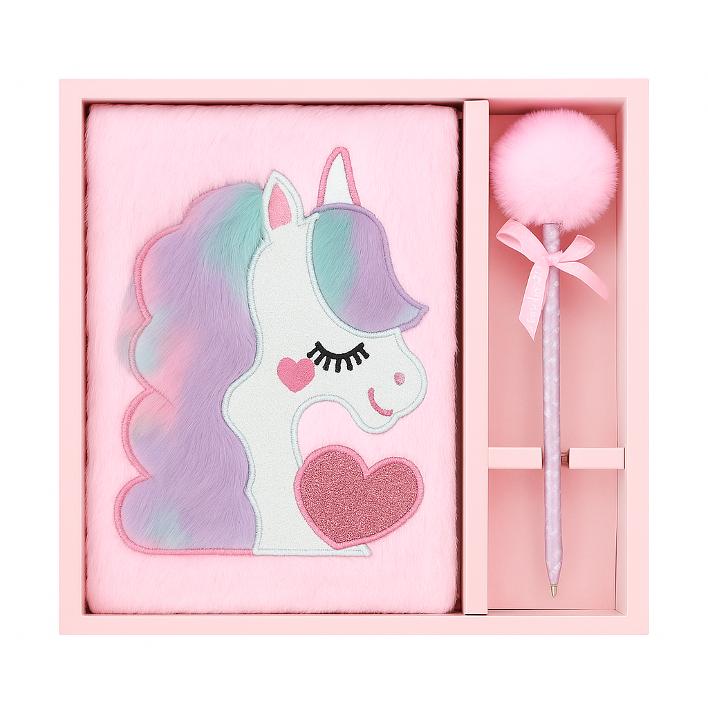 Magical Unicorn Plush Diary with Fluffy Pen – Gift Set for Kids (Pink)