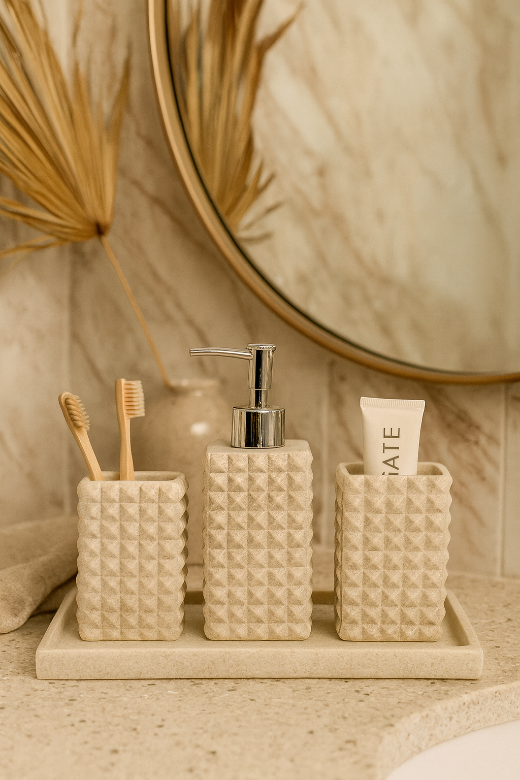 Contemporary Bathroom Organizer Set – Square Pattern Soap Dispenser & Holders (3 + Tray)