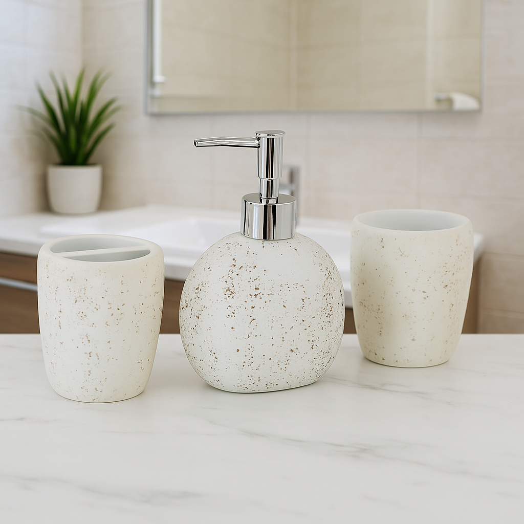 Stylish Speckled Ceramic-Look Bathroom Accessory Set – Dispenser, Toothbrush Holder & Mug