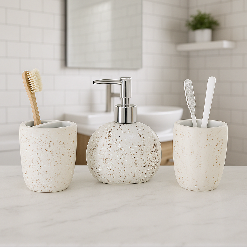 Stylish Speckled Ceramic-Look Bathroom Accessory Set – Dispenser, Toothbrush Holder & Mug