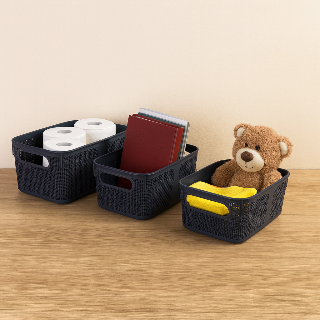 Premium Multi-Purpose Square Textured Storage Basket Set with Handles (Dark Grey Color)