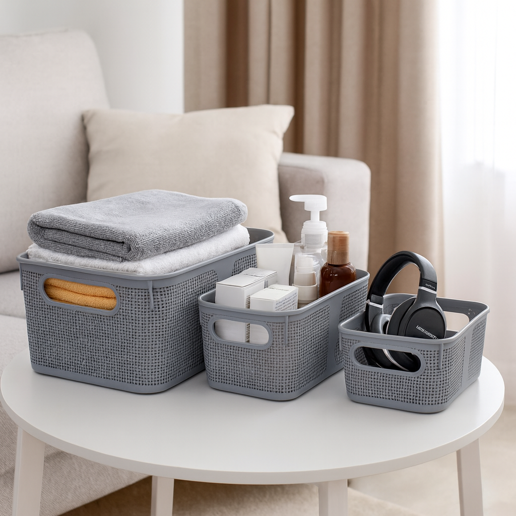 Premium Multi-Purpose Square Textured Storage Basket Set with Handles Grey