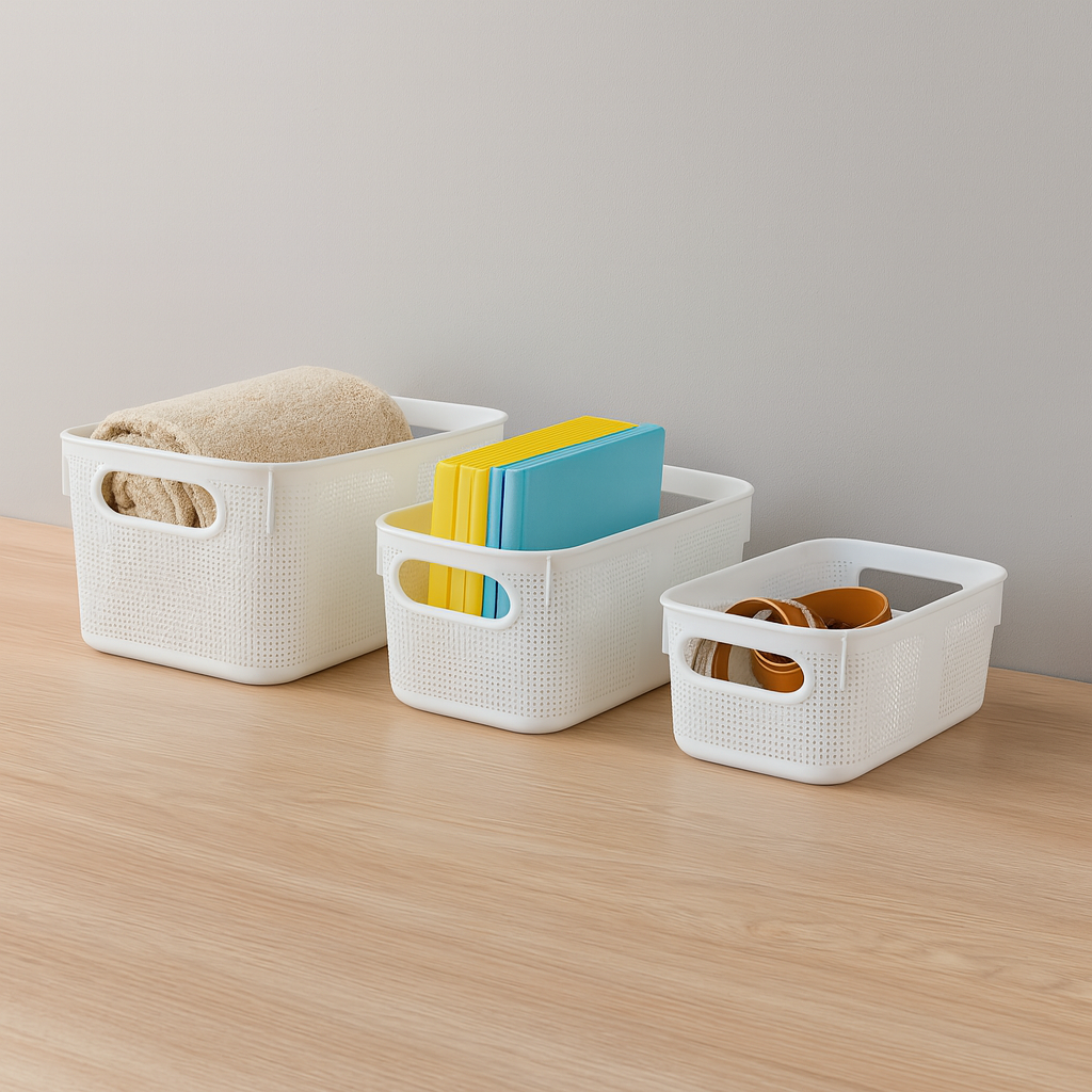 Premium Multi-Purpose Square Textured Storage Basket Set with Handles (White)