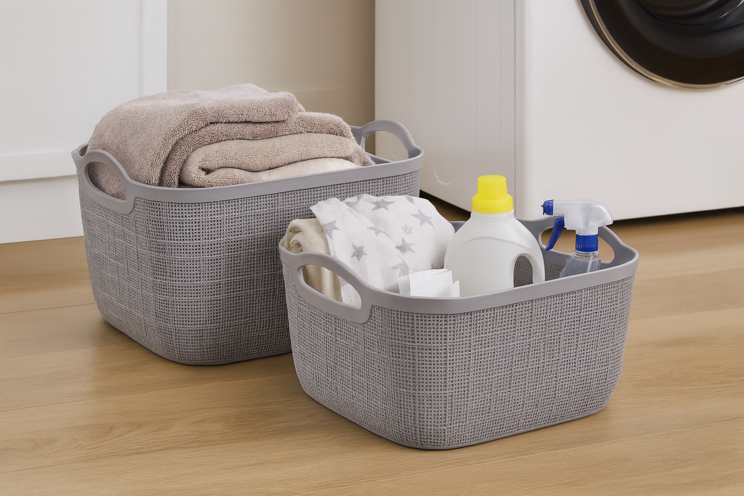Premium Multi-Purpose Rectangular Textured Storage Basket Set with Handles (Grey Color)