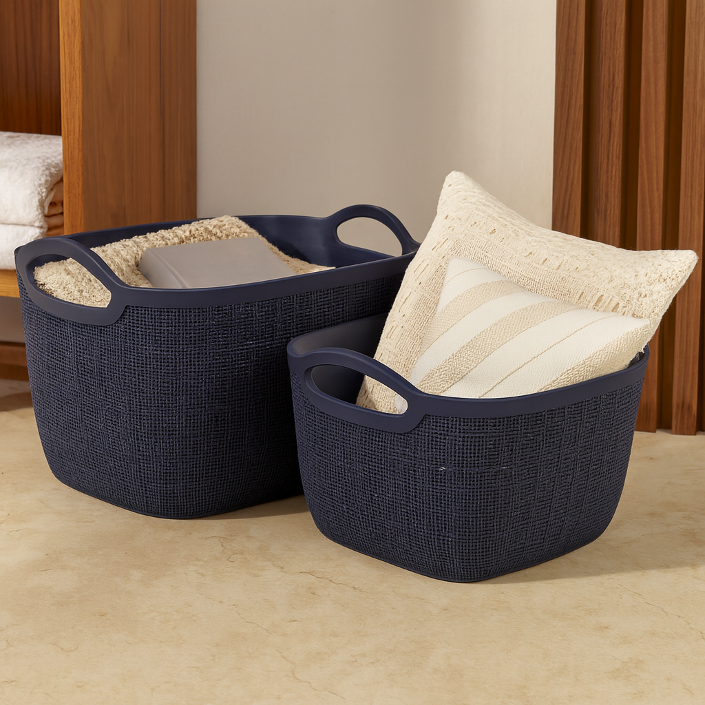 Premium Multi-Purpose Rectangular Textured Storage Basket Set with Handles Navy blue