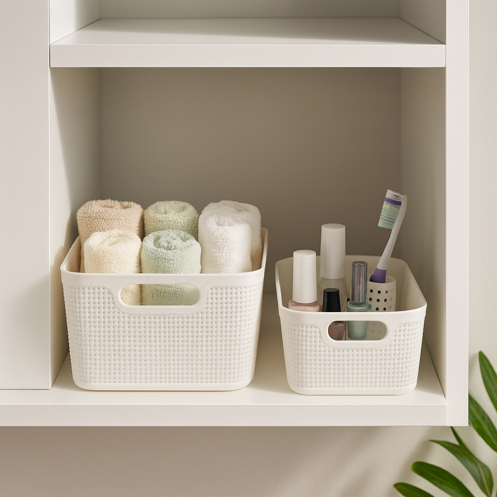 Premium Multi-Purpose Square Textured Storage Basket Set with Handles (White)