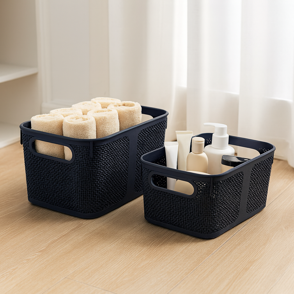 Premium Multi-Purpose Square Textured Storage Basket Set with Handles (Dark Grey Color)
