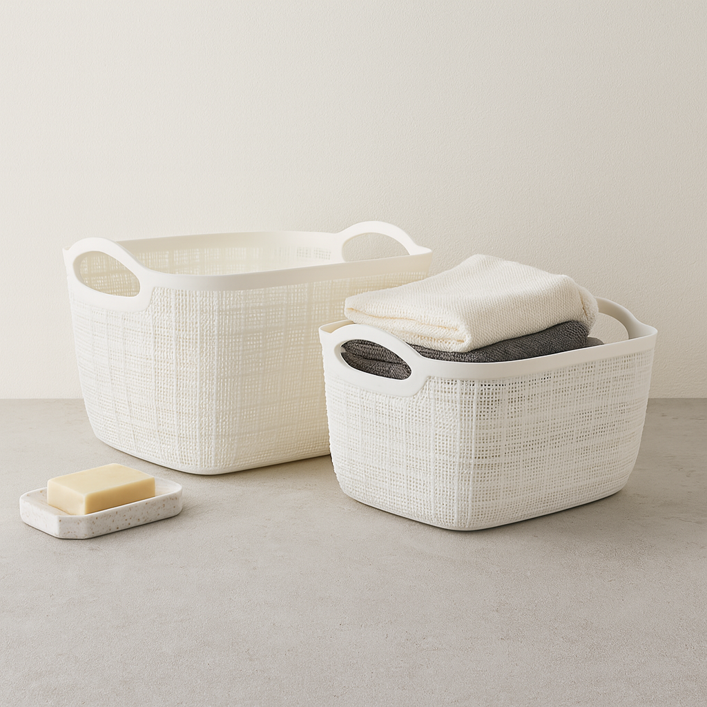 Premium Multi-Purpose Rectangular Textured Storage Basket Set with Handles (White Color)