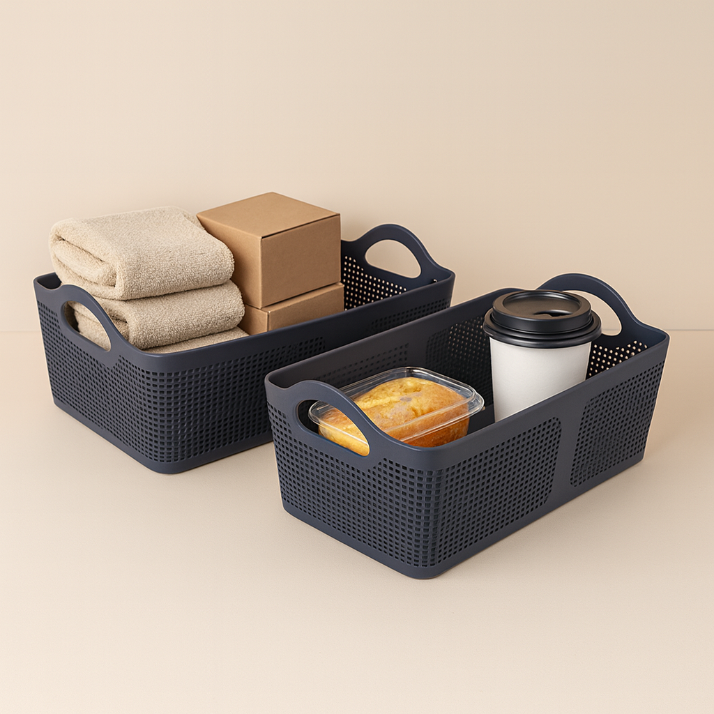 Premium Multi-Purpose Rectangular Woven Storage Basket Set with Handles (Dark Grey Color)