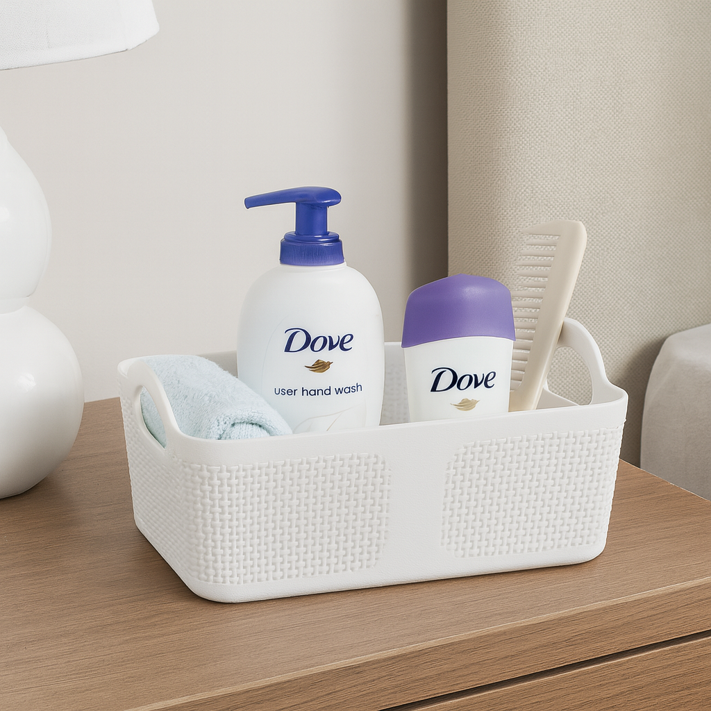 Premium Multi-Purpose Rectangular Woven Storage Basket Set with Handles (White)