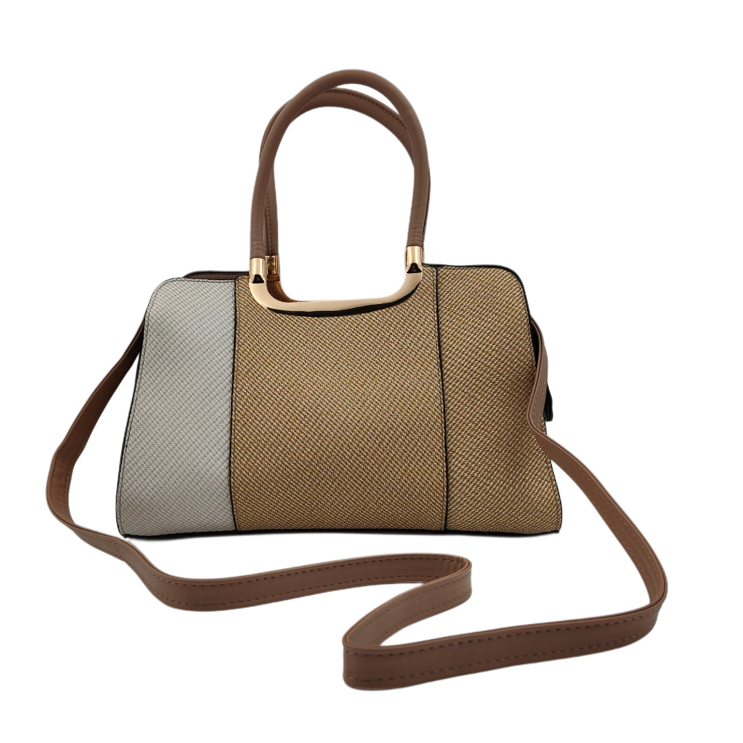 Women’s Two-Toned Handbag – White & Beige with Gold Detailing and Sling Strap