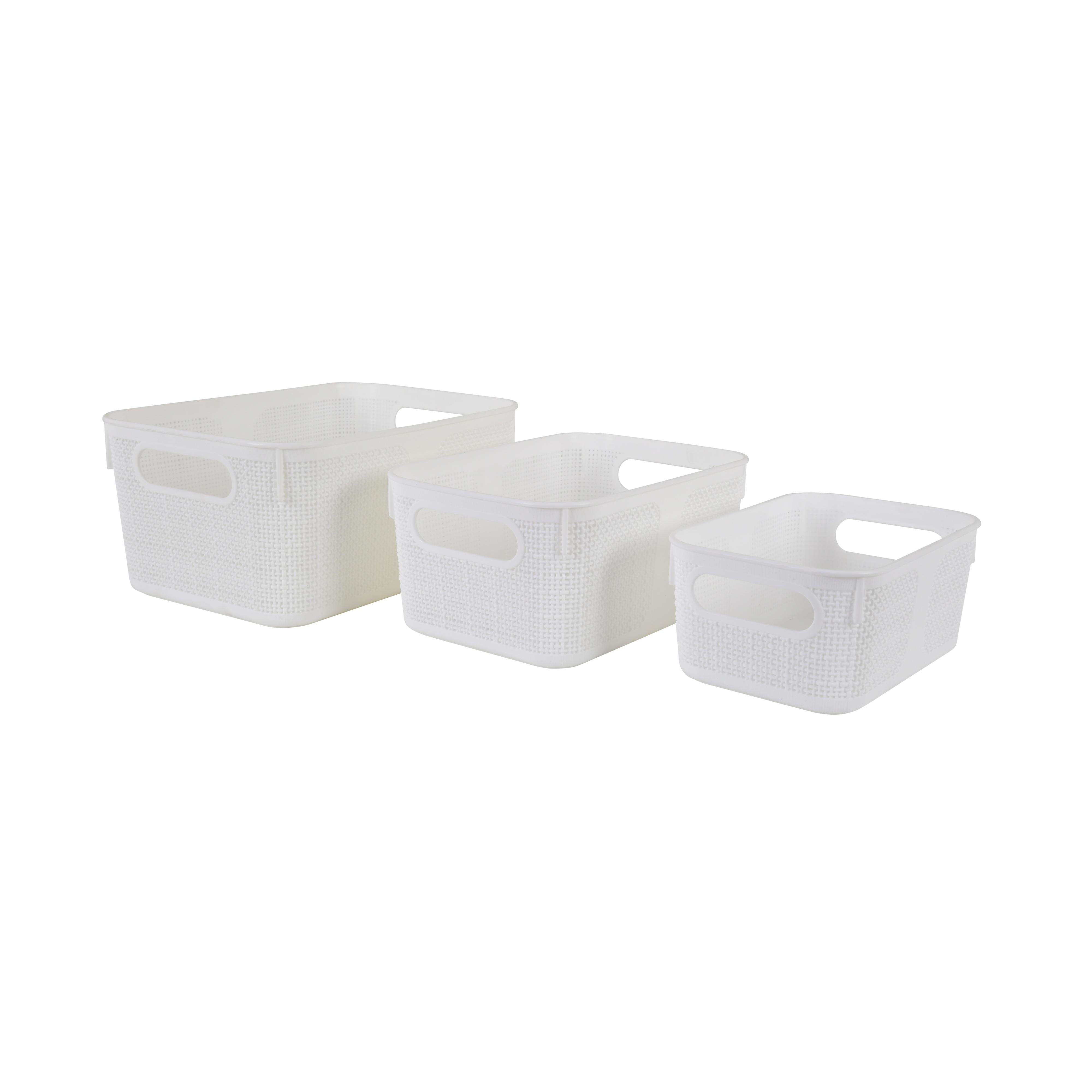 Premium Multi-Purpose Square Textured Storage Basket Set with Handles (White)