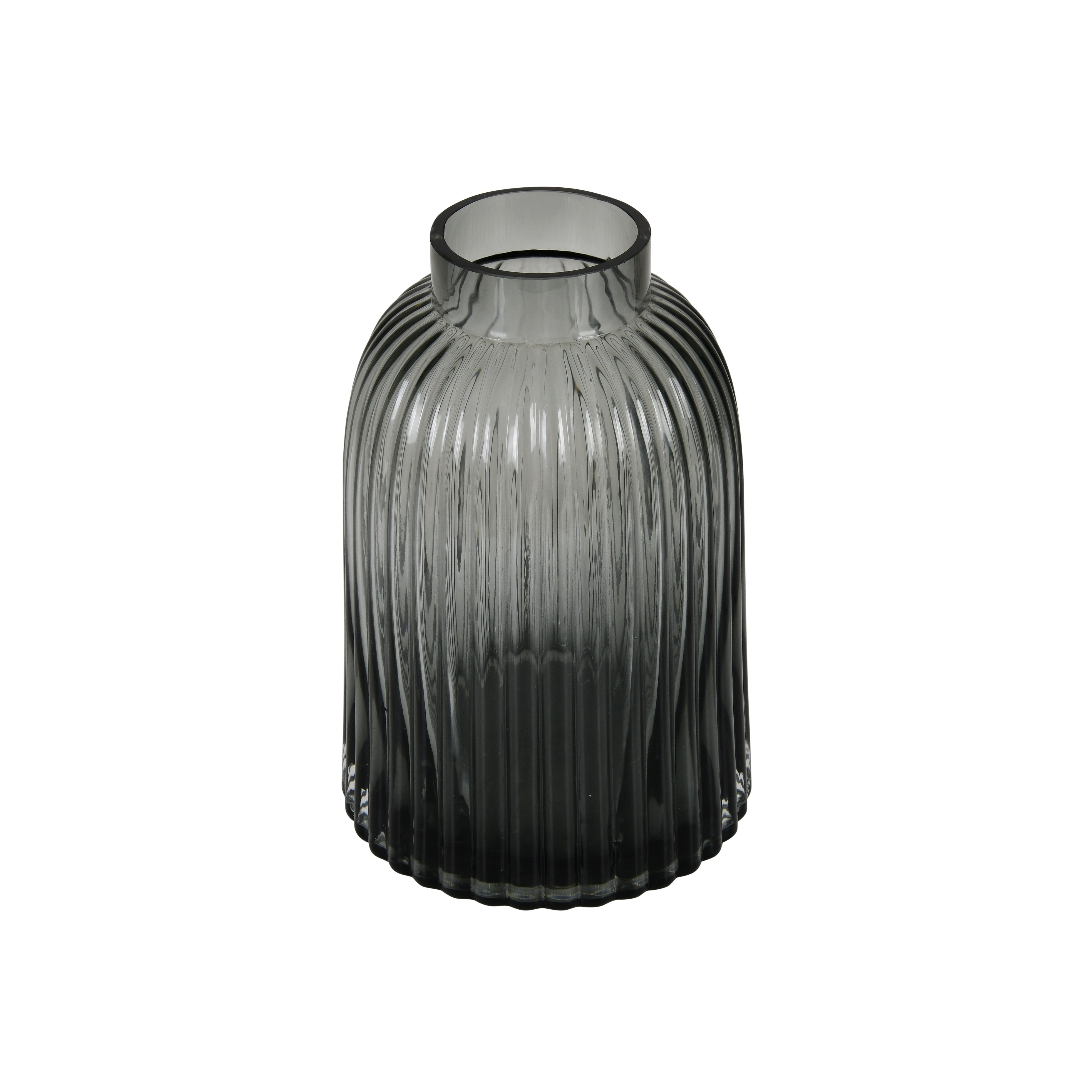 Smoky Grey Textured Glass Vase – Cylindrical Body with Flared Neck