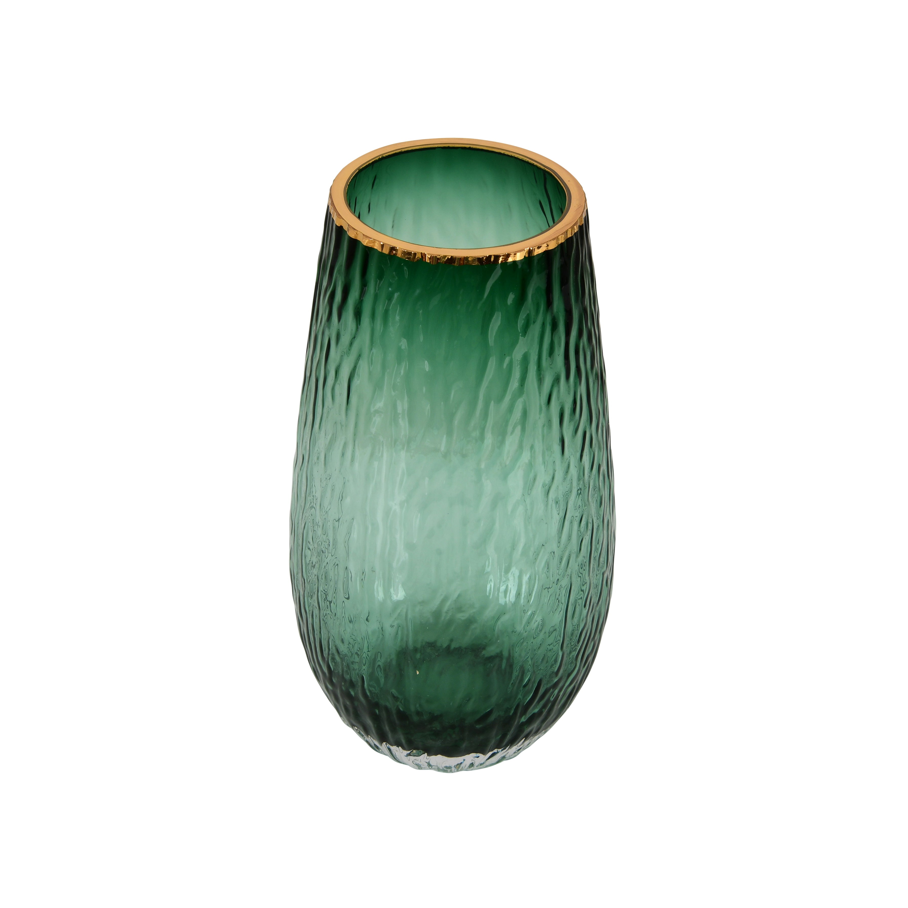 Emerald Green Glass Vase with Golden Rim