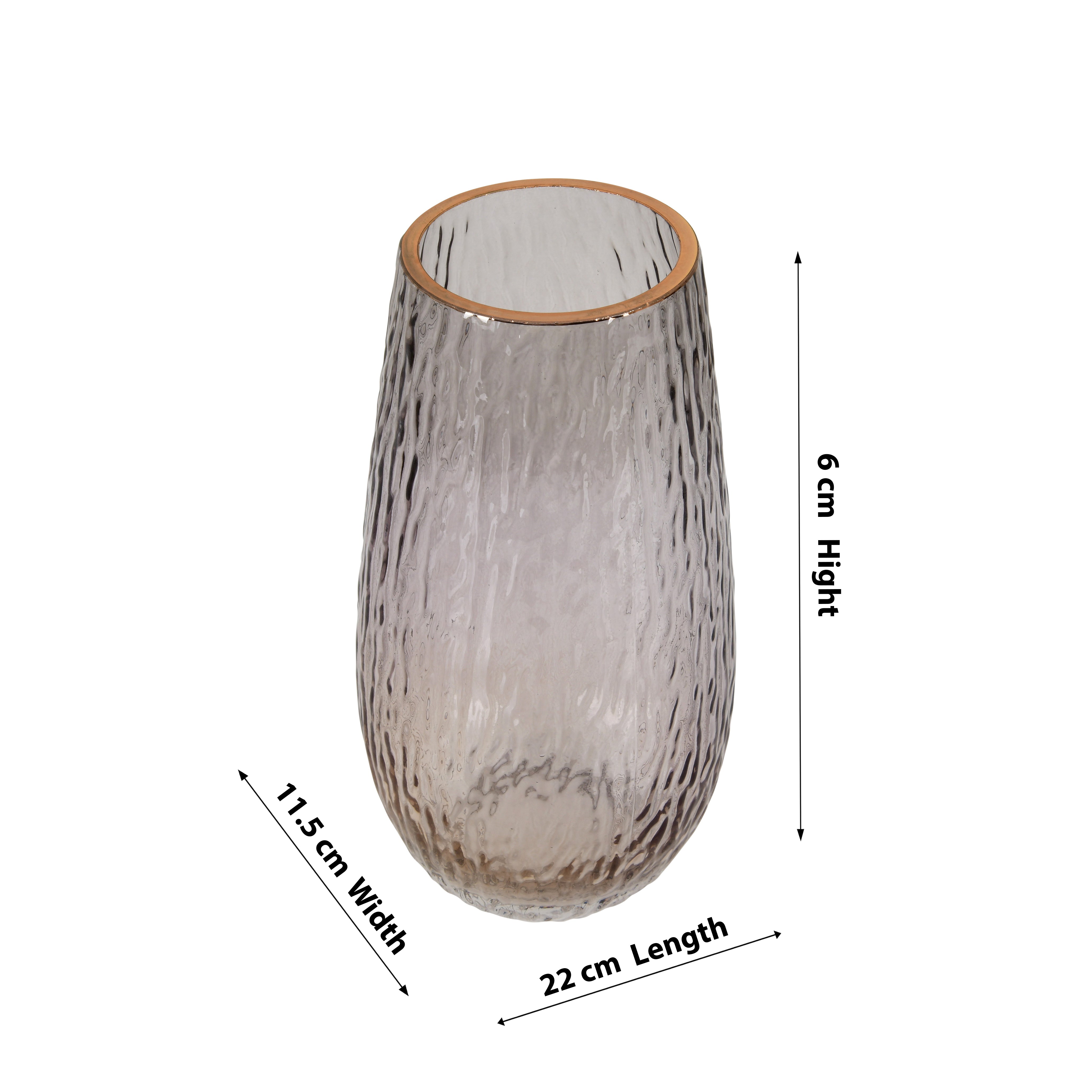 Smoky Grey Glass Vase with Gold Rim – Tall Cylindrical Ripple Design