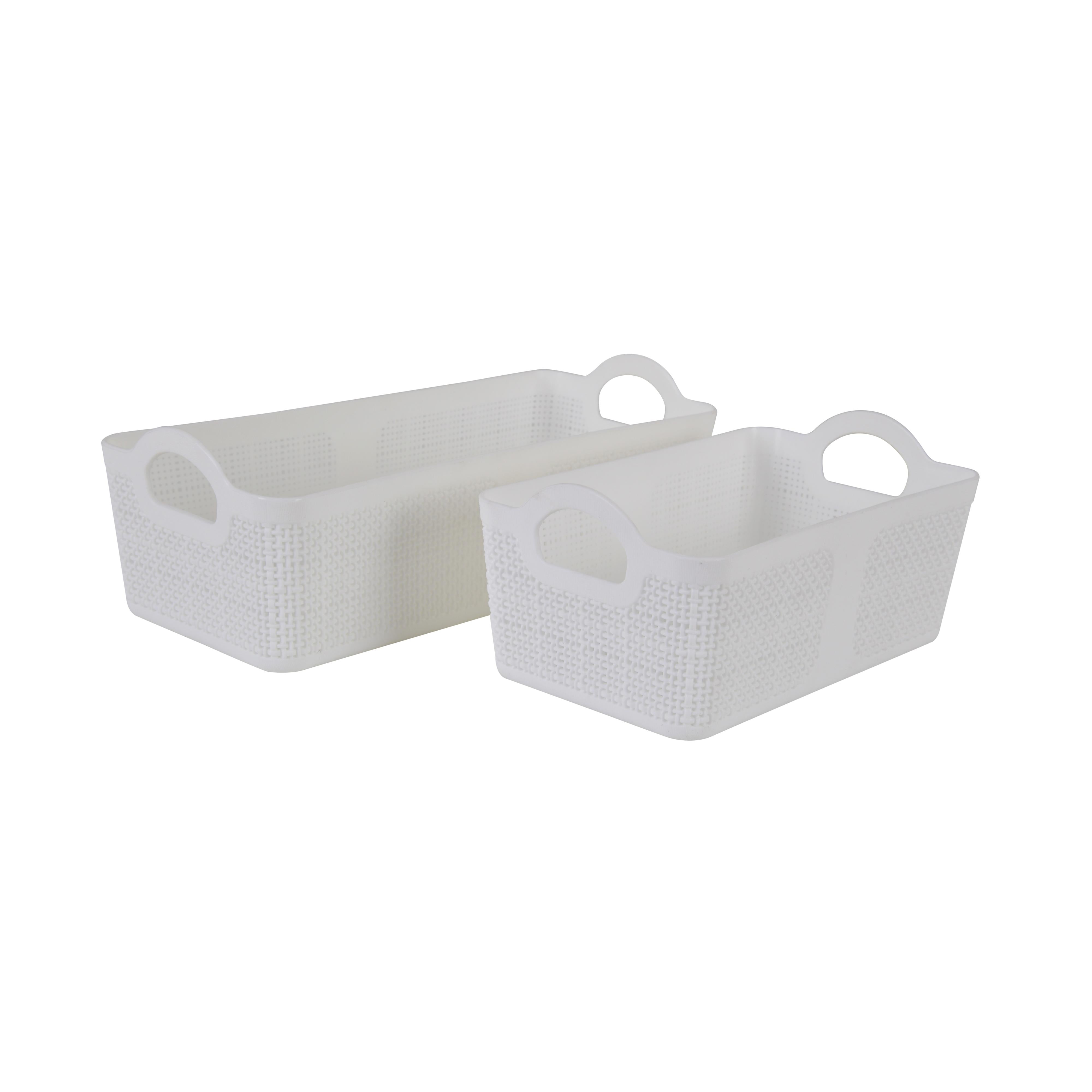 Premium Multi-Purpose Rectangular Woven Storage Basket Set with Handles (White)