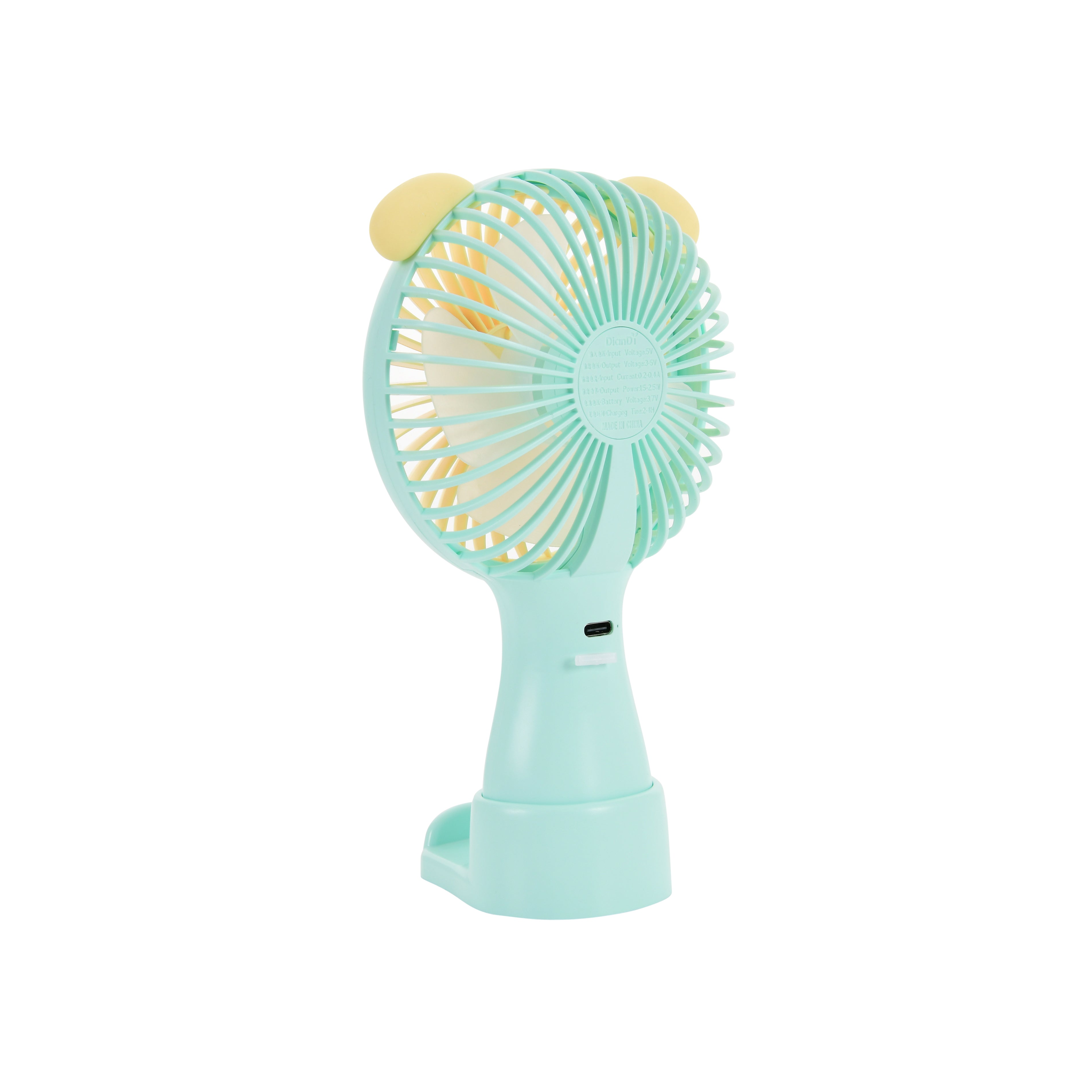 Hand Operated Teddy Mini Fan (Mint Green with Yellow)