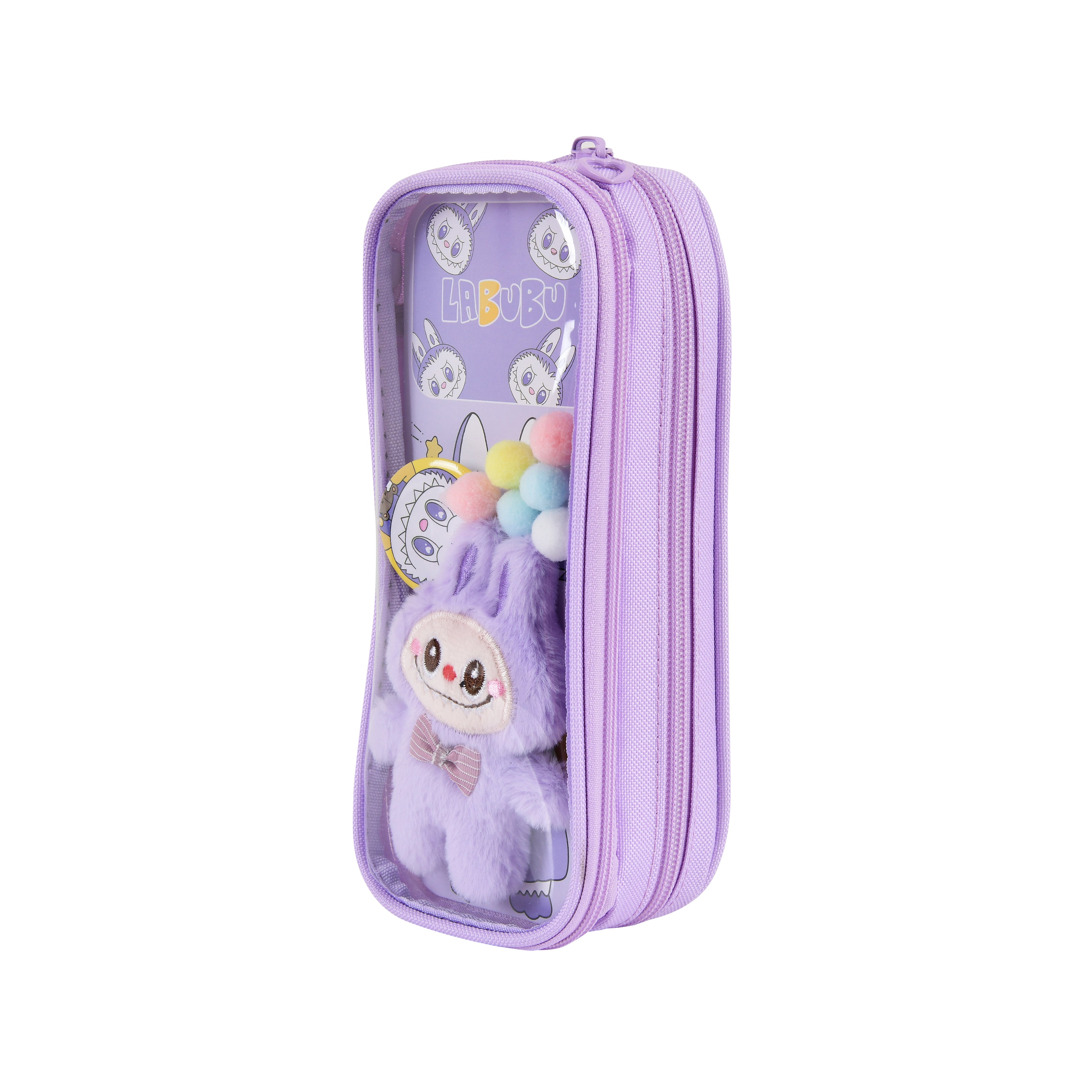 Pen/Pencil Pouch-with soft toy labubu and badge- Purple
