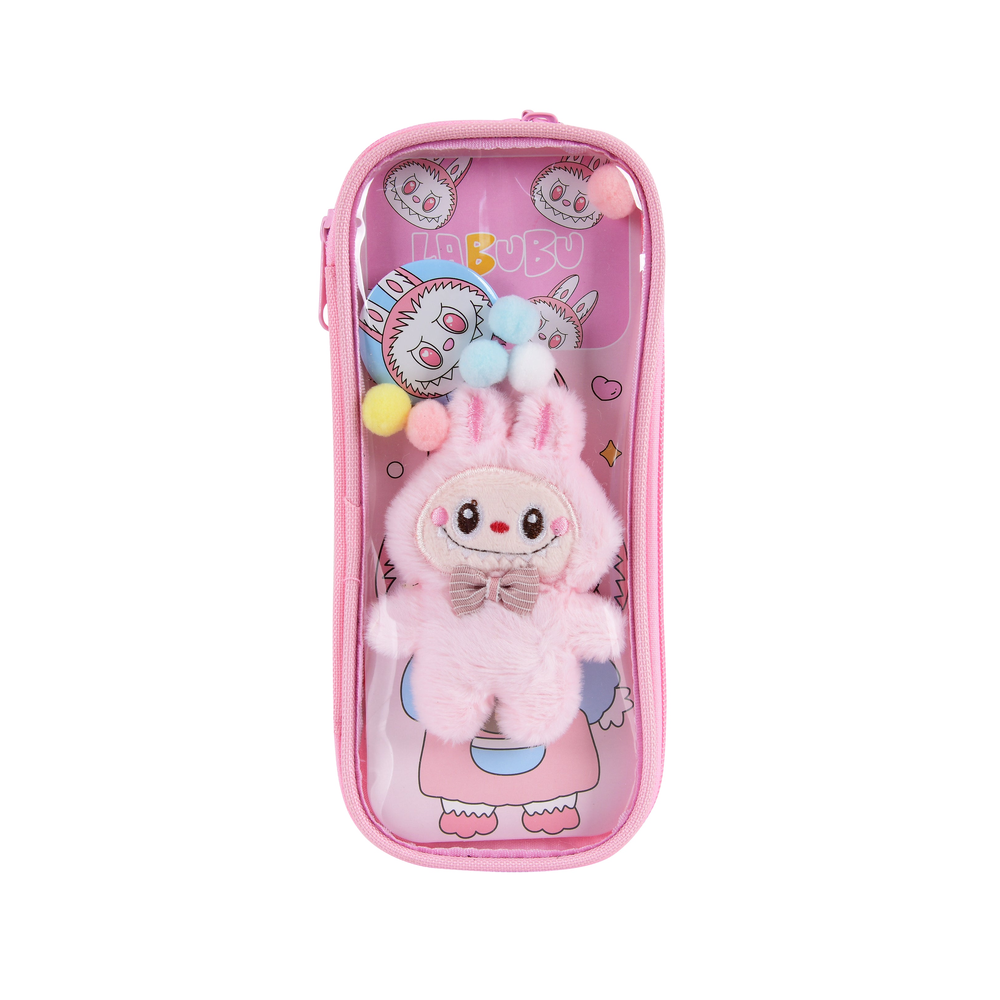Pen/Pencil Pouch-with soft toy labubu and badge- Pink