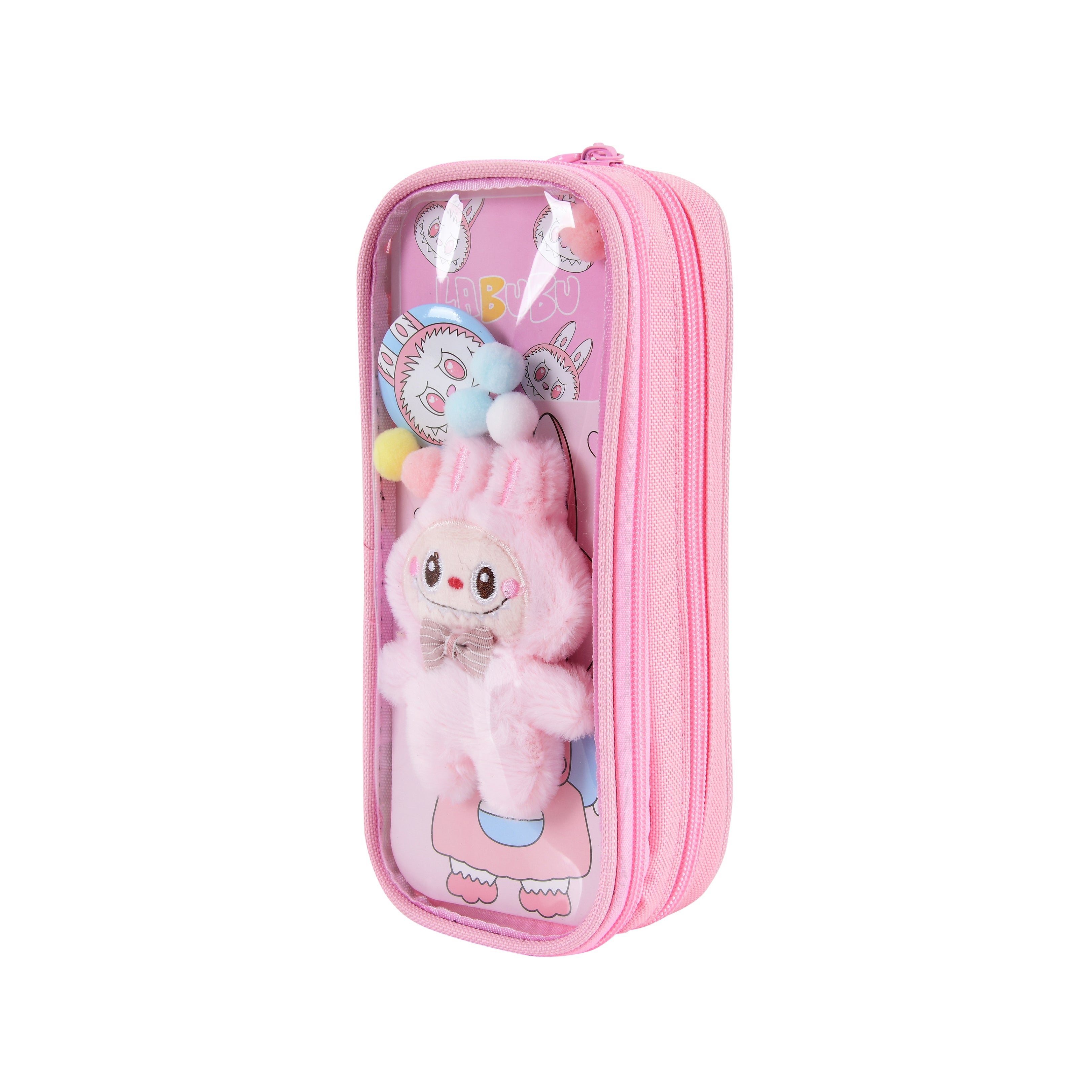 Pen/Pencil Pouch-with soft toy labubu and badge- Pink