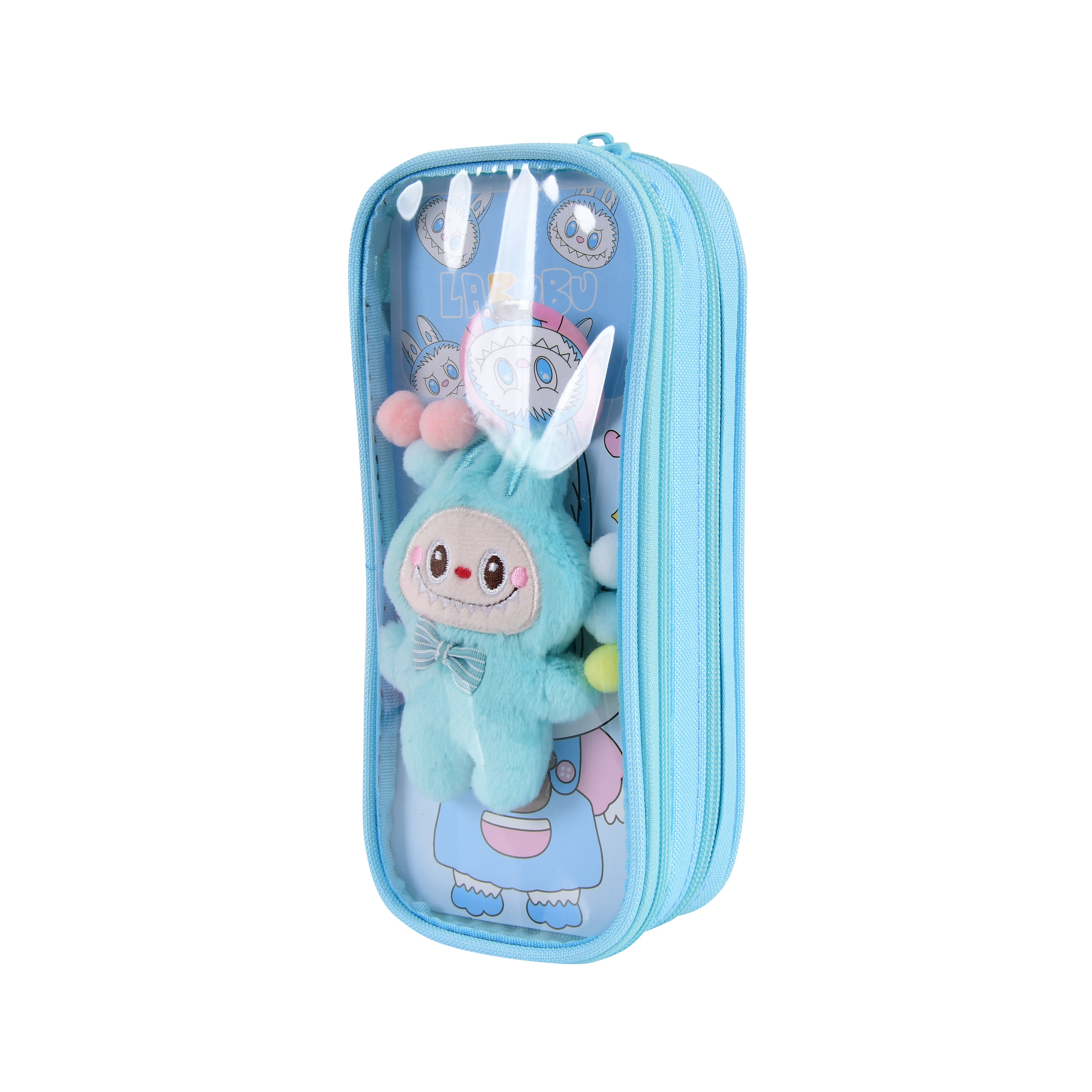 Pen/Pencil Pouch-with soft toy labubu and badge- Blue