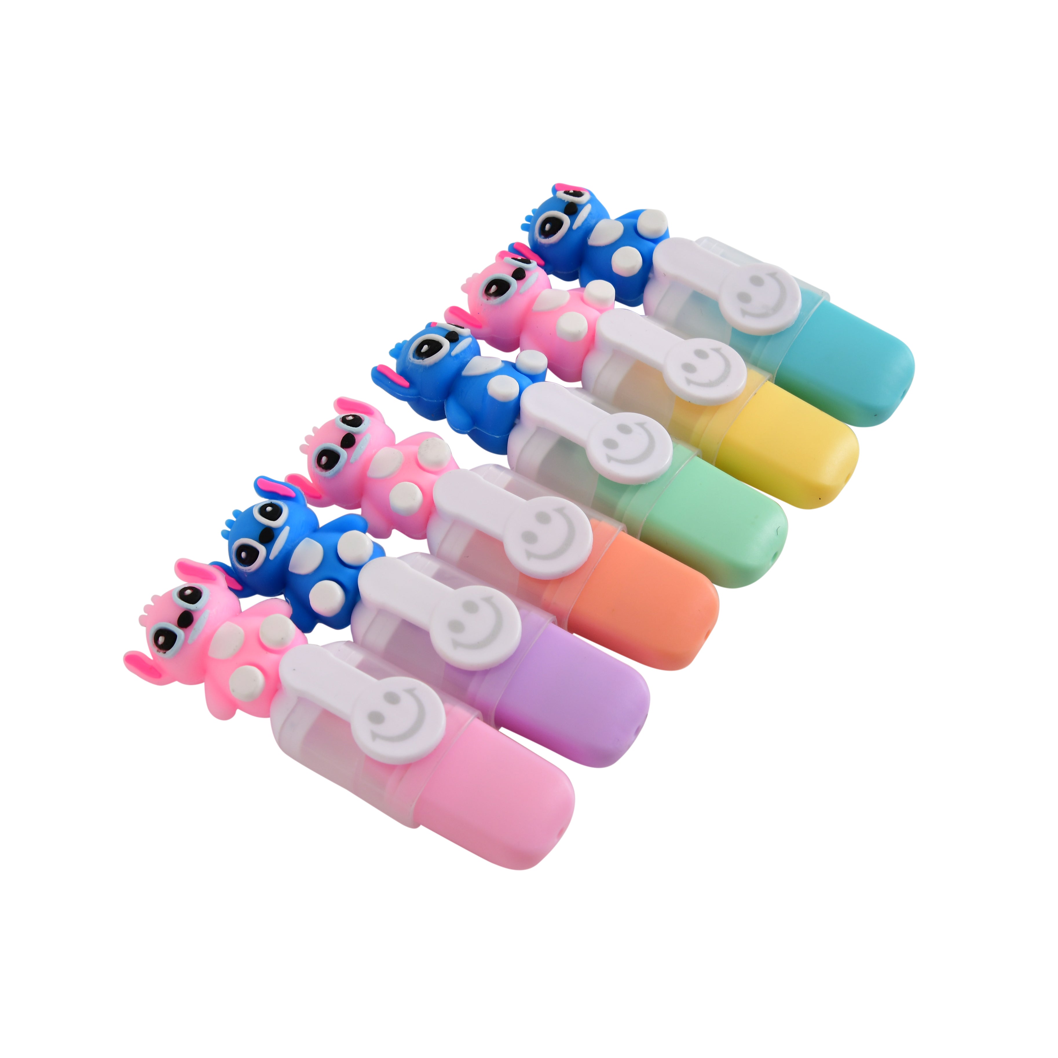 Cute Stitch Theme Highlighter Set – 6 Pcs | Pastel Mini Highlighters with Cartoon Toppers