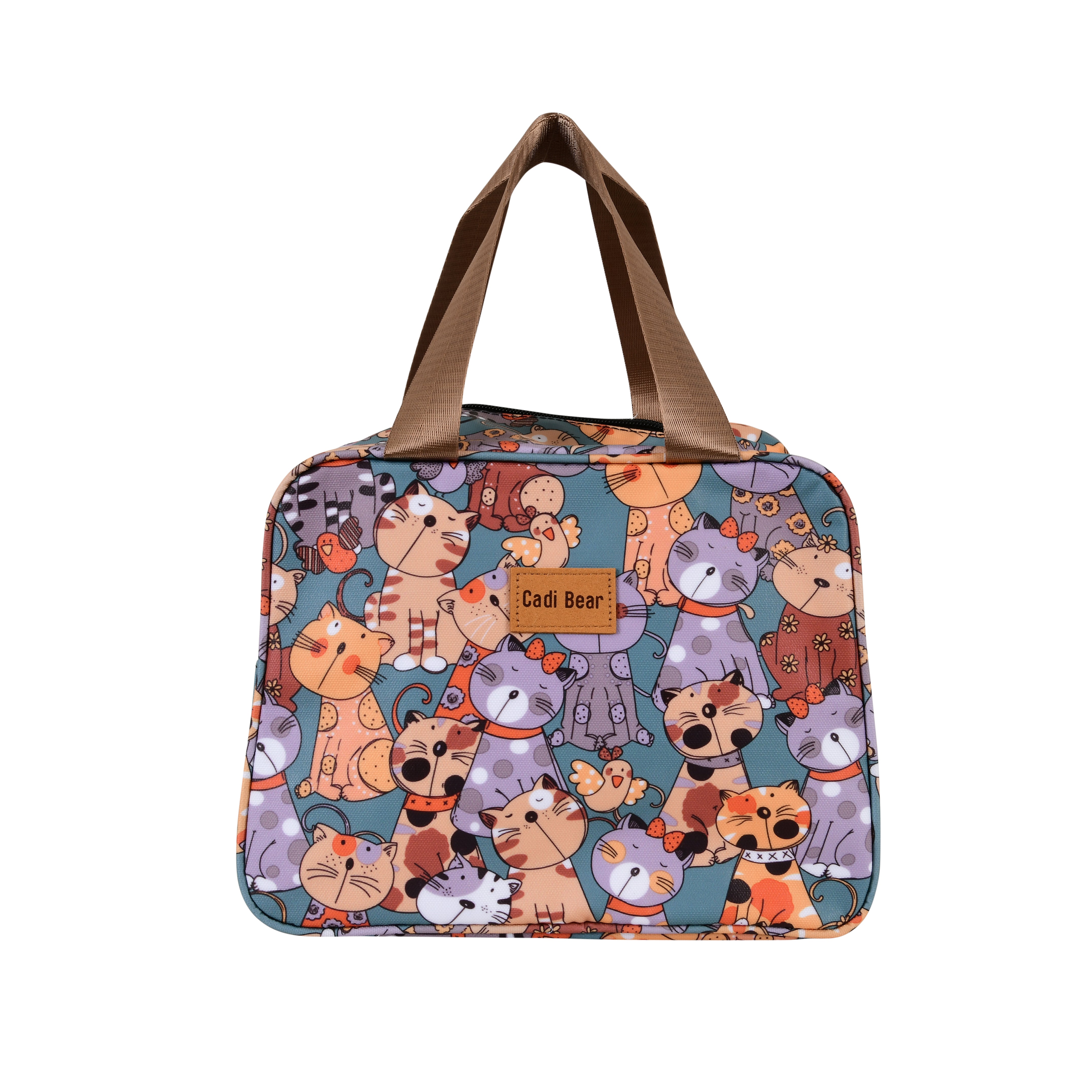 Teal base with multicolor cat print- insulated Lunch BAG