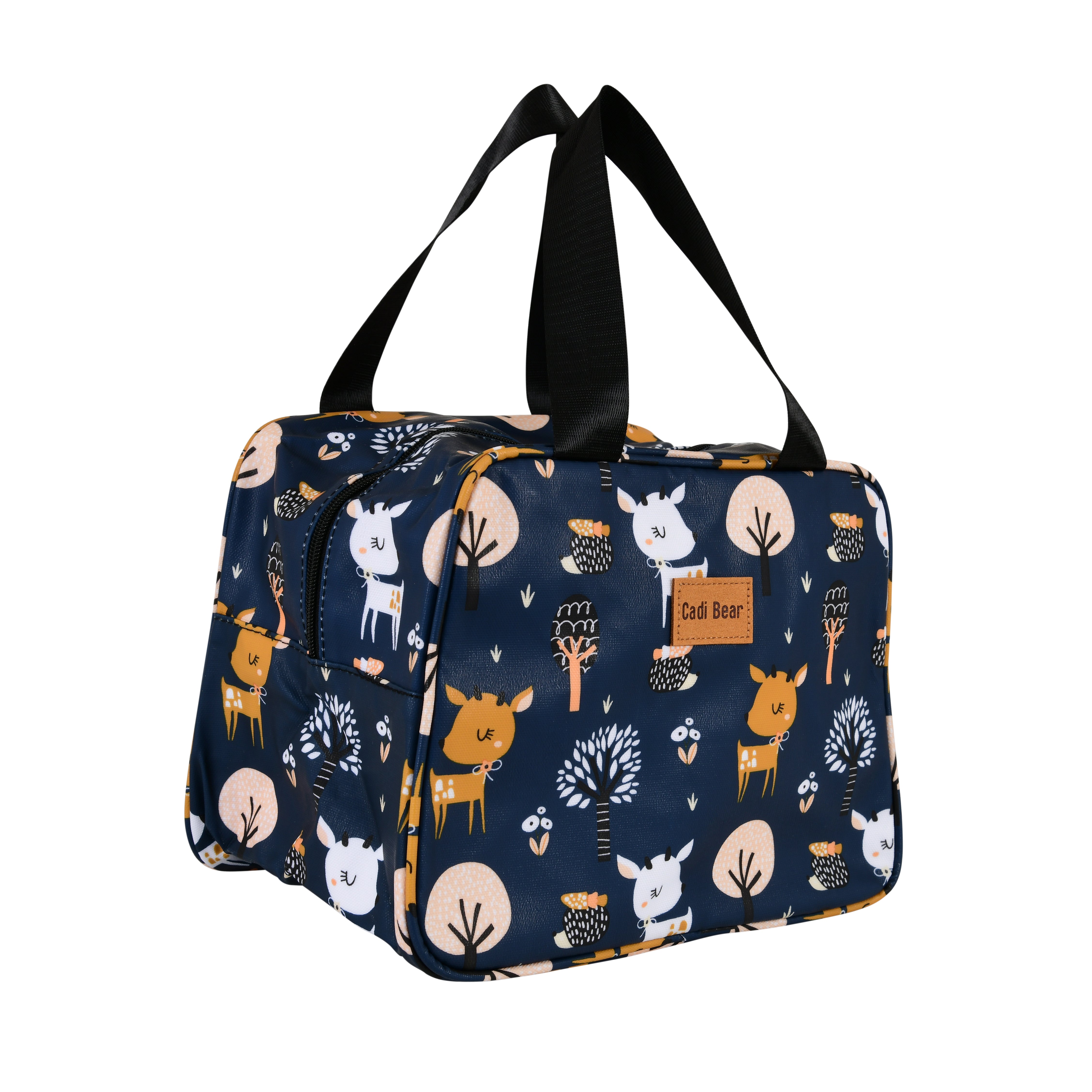 Navy blue base with multicolor deer & tree print