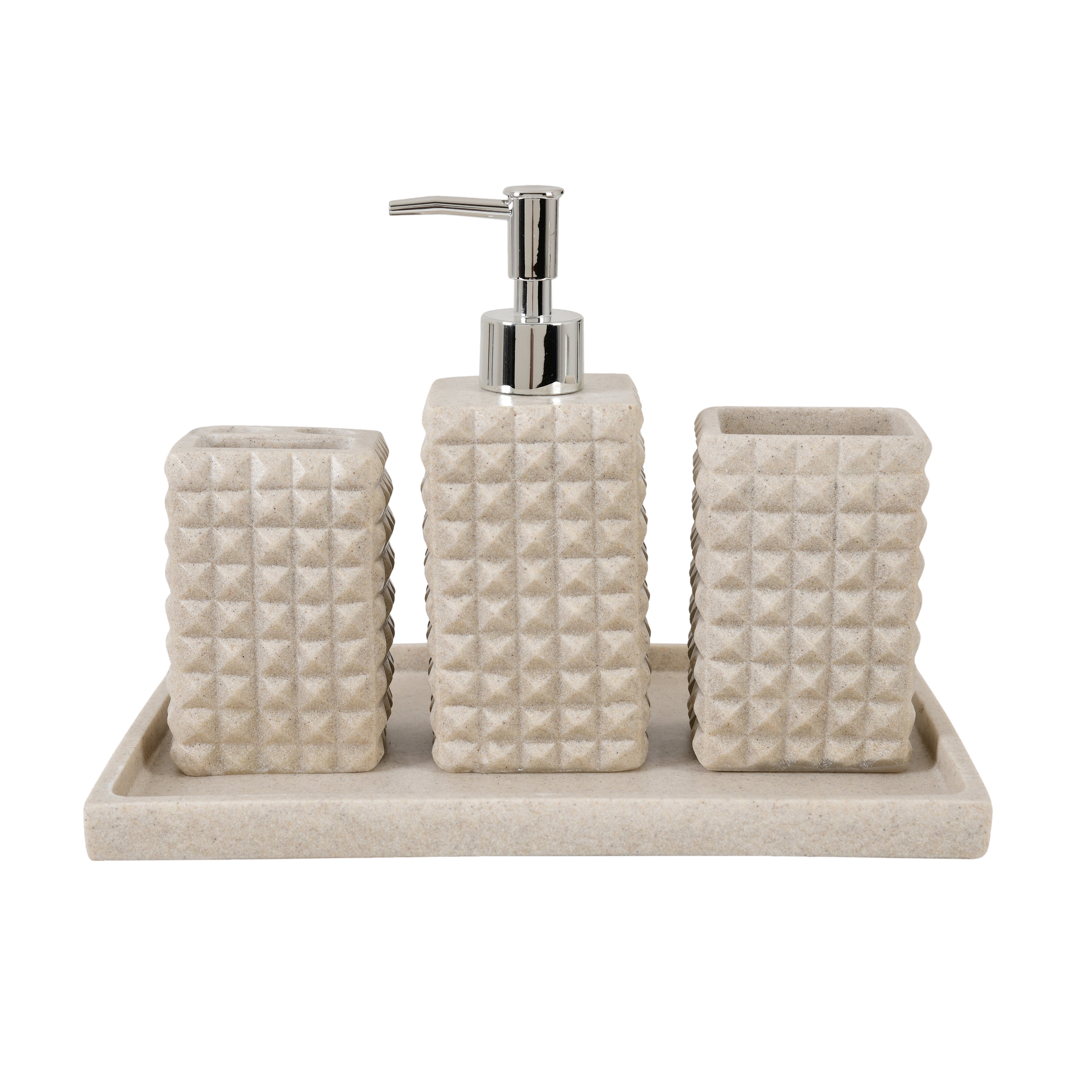 Contemporary Bathroom Organizer Set – Square Pattern Soap Dispenser & Holders (3 + Tray)