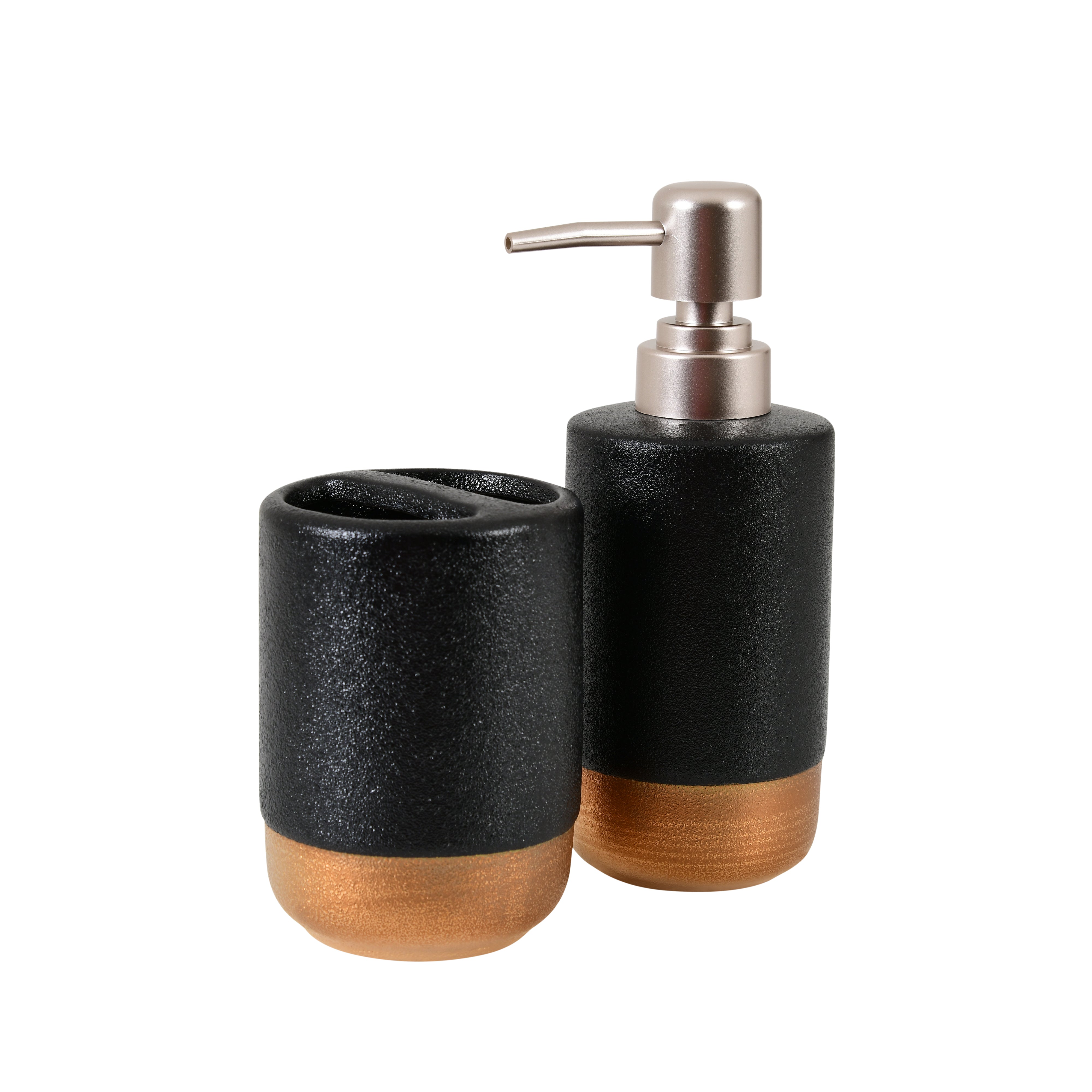 Modern Black & Gold Bathroom Accessory Set – Soap Dispenser & Toothbrush Holder (2-Piece)