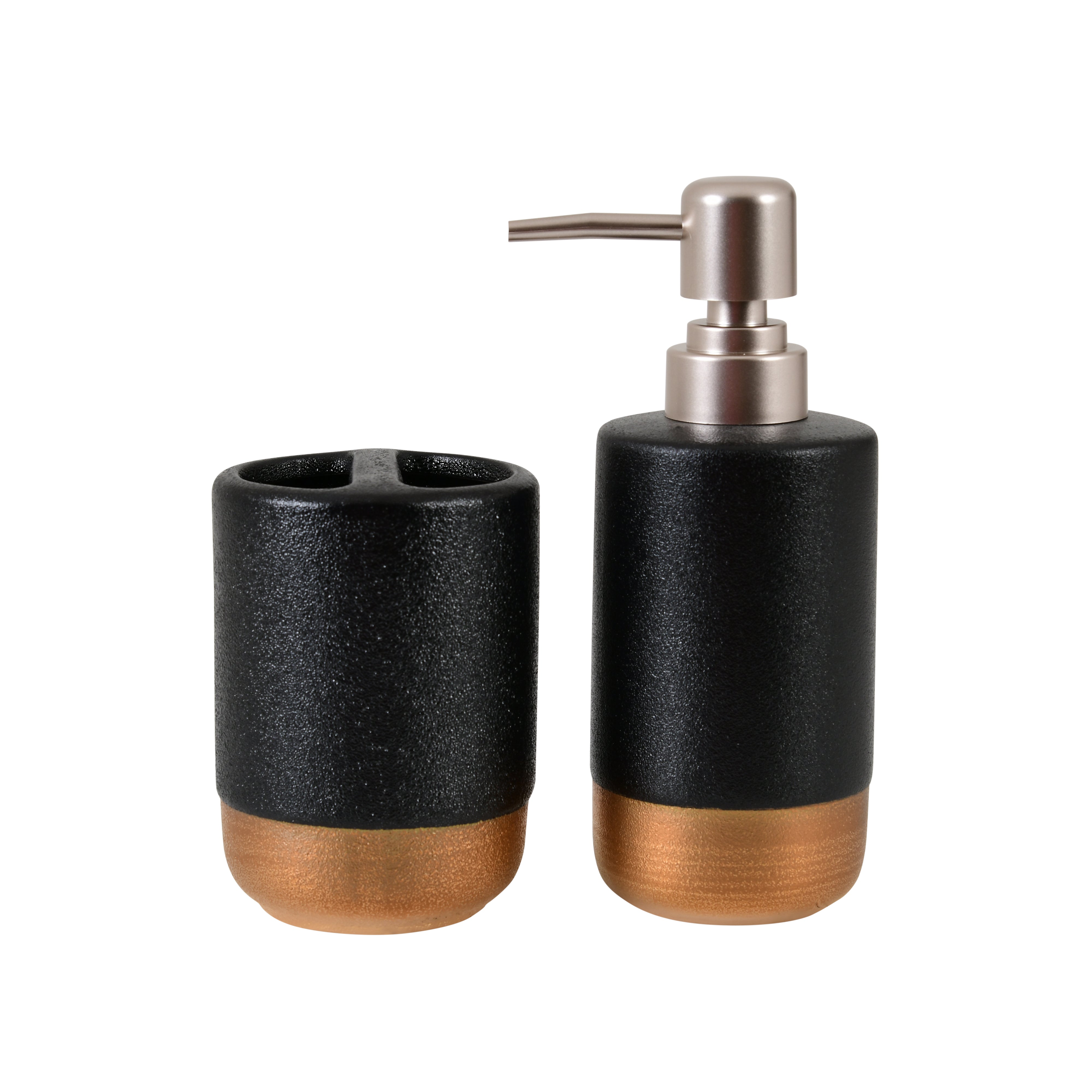 Modern Black & Gold Bathroom Accessory Set – Soap Dispenser & Toothbrush Holder (2-Piece)