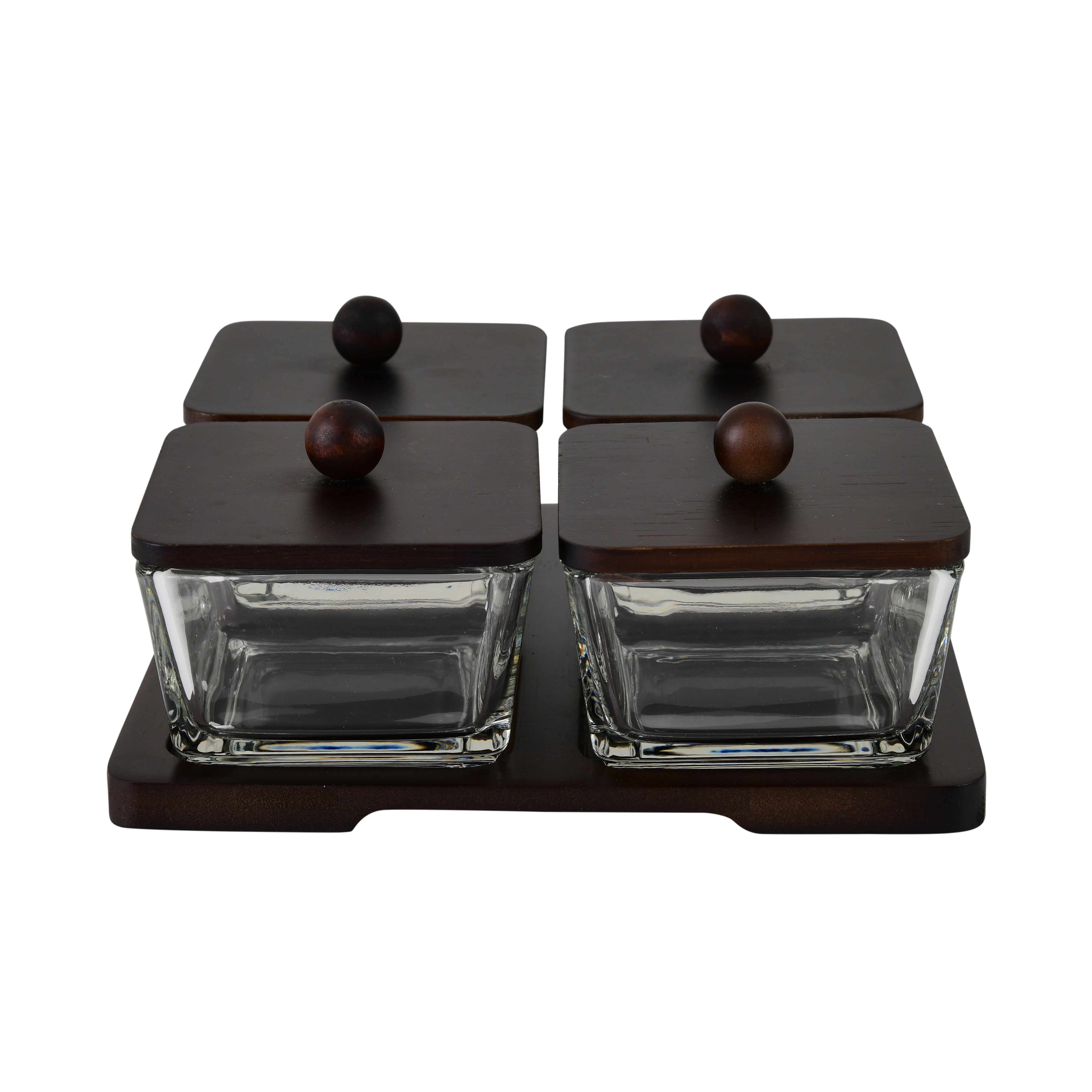 Premium 4-Piece Glass Jar Set with Black Wooden Lids & Organizer Tray
